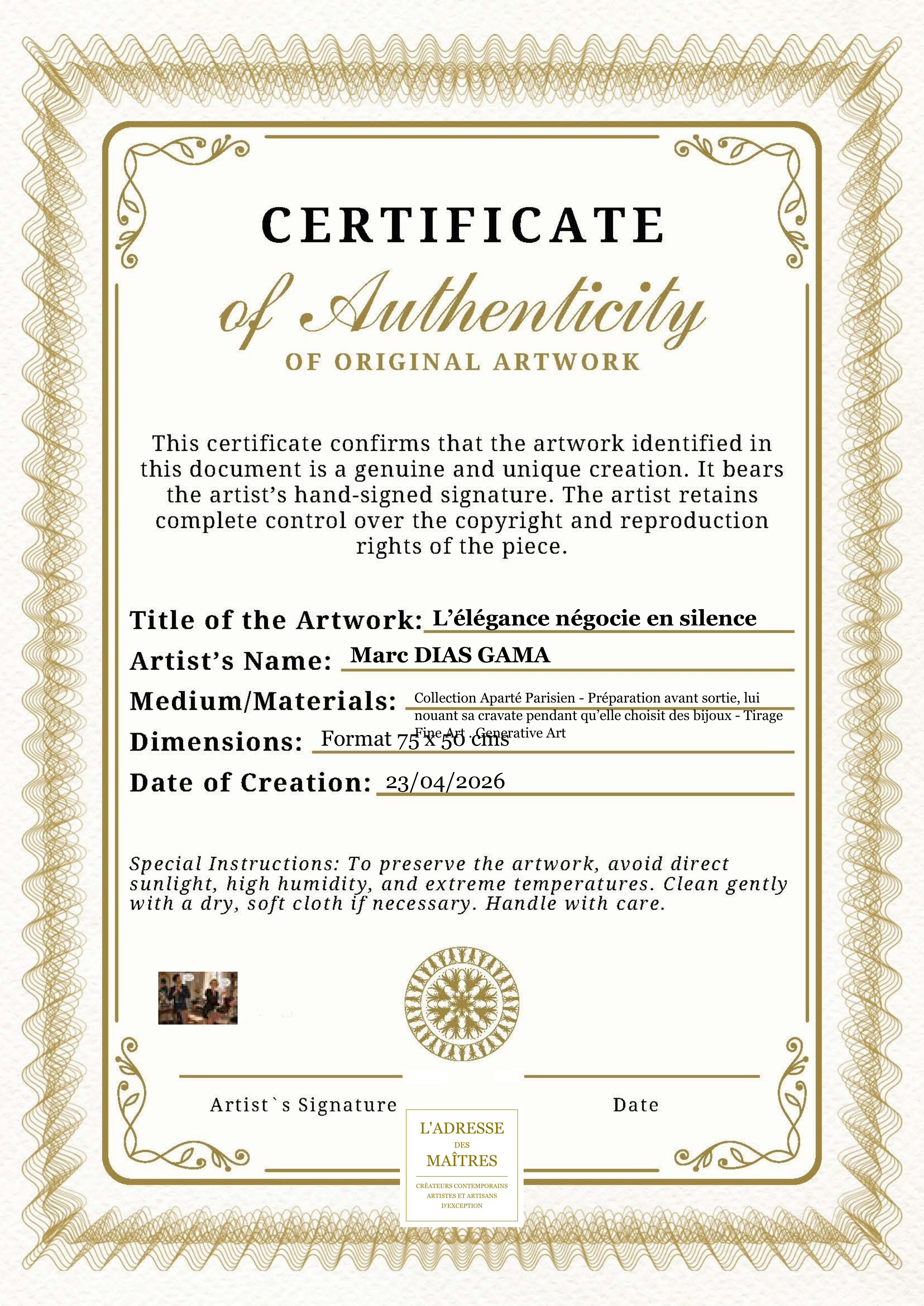 Certificat d'authenticité — L’élégance négocie en silence — Marc DIAS GAMA