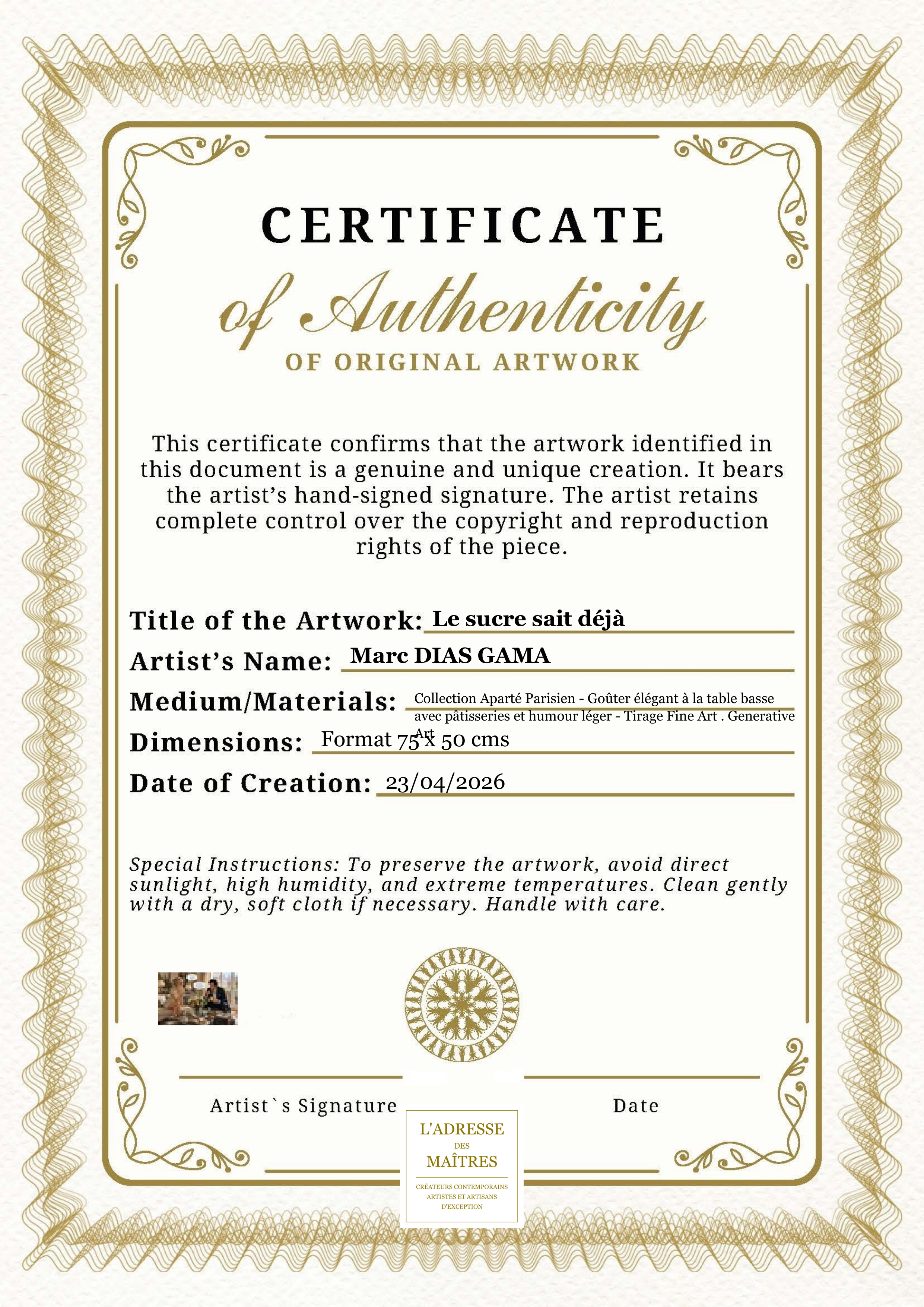 Certificat d'authenticité — Le sucre sait déjà — Marc DIAS GAMA