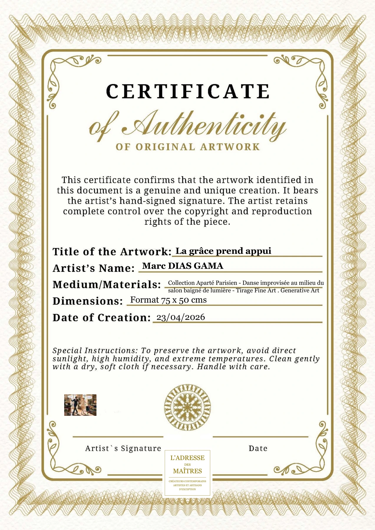Certificat d'authenticité — La grâce prend appui — Marc DIAS GAMA