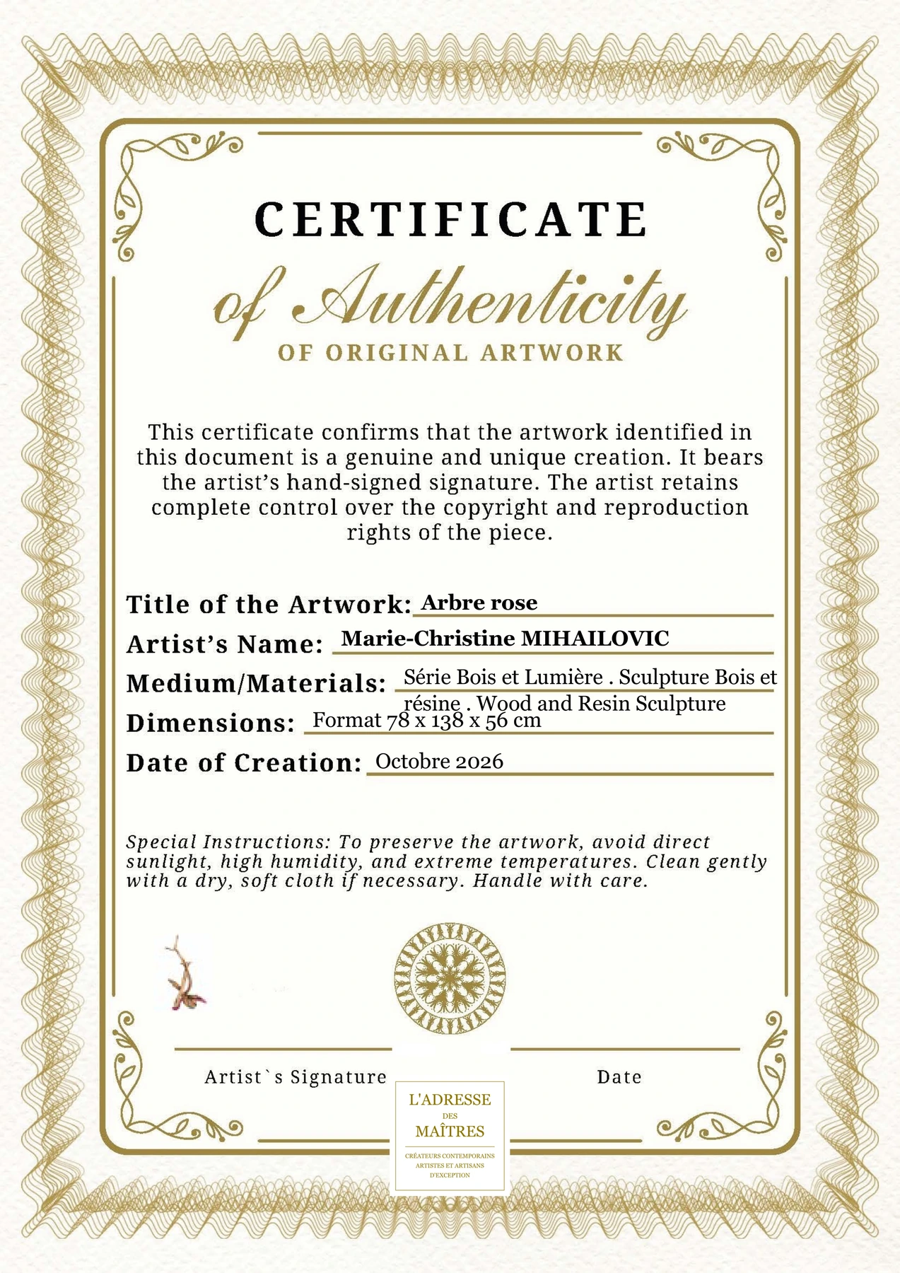 Certificat d'authenticité - Arbre rose - Marie-Christine MIHAILOVIC