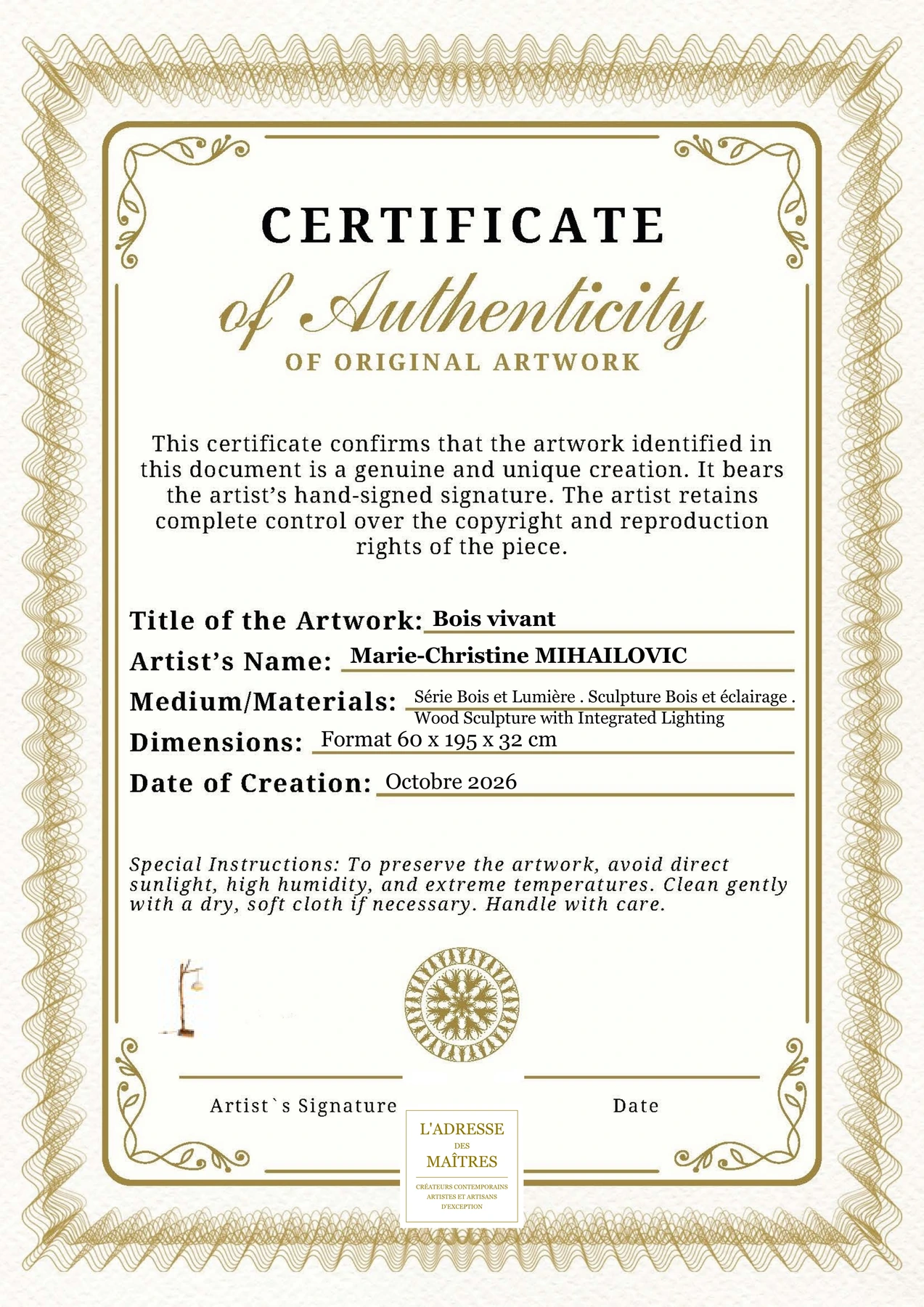 Certificat d'authenticité - Bois vivant - Marie-Christine MIHAILOVIC