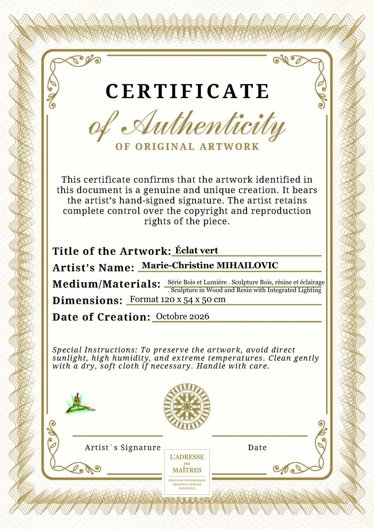 Certificat d'authenticité - Éclat vert - Marie-Christine MIHAILOVIC