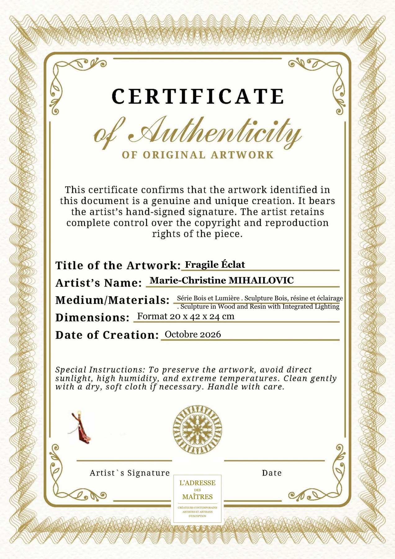 Certificat d'authenticité - Fragile Éclat - Marie-Christine MIHAILOVIC