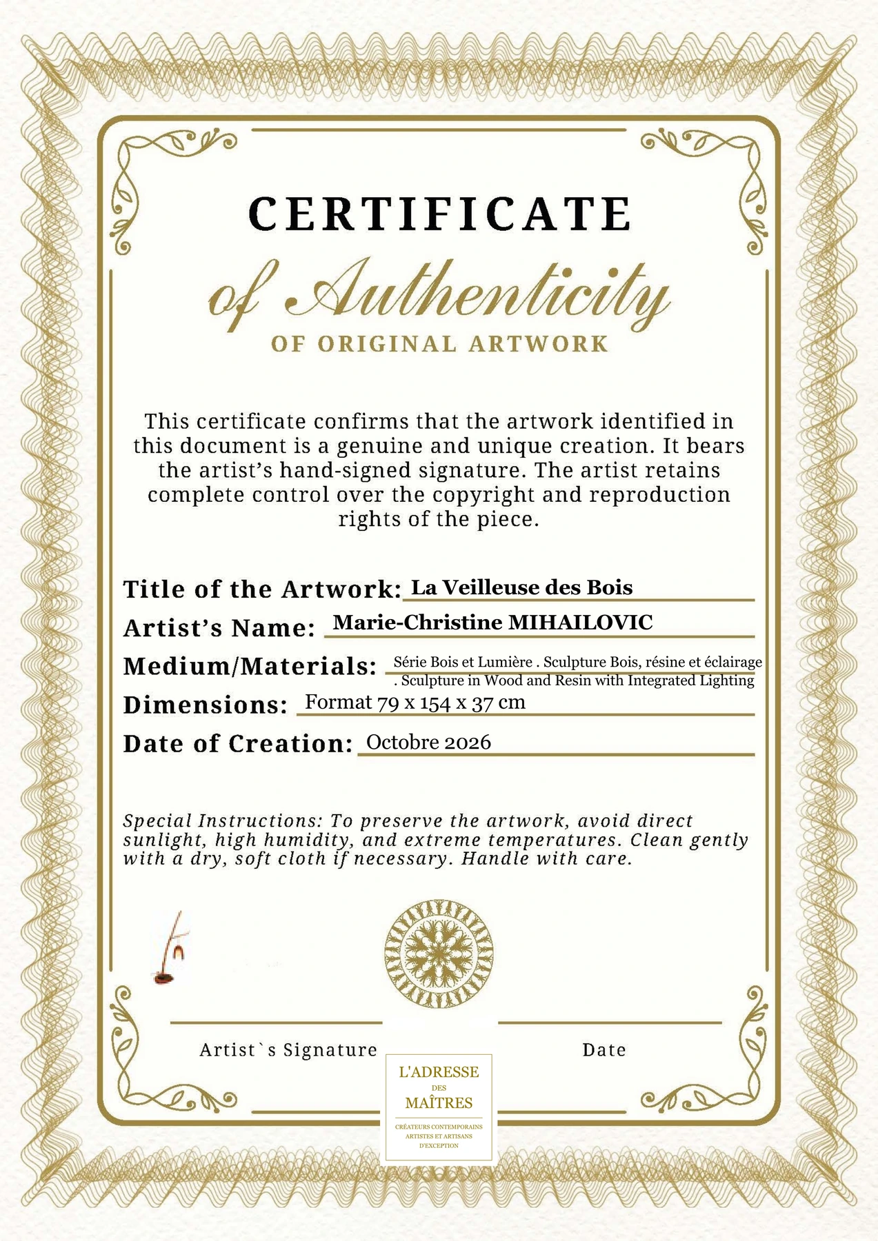 Certificat d'authenticité - La Veilleuse des Bois - Marie-Christine MIHAILOVIC
