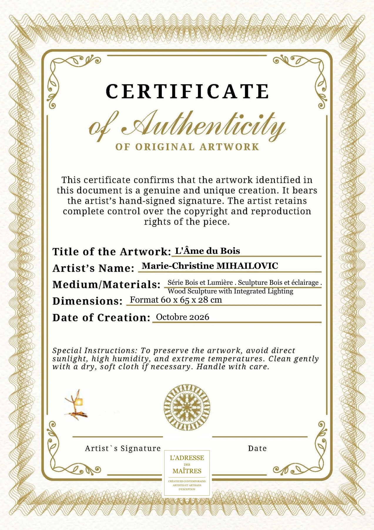 Certificat d'authenticité - L'Âme du Bois - Marie-Christine MIHAILOVIC