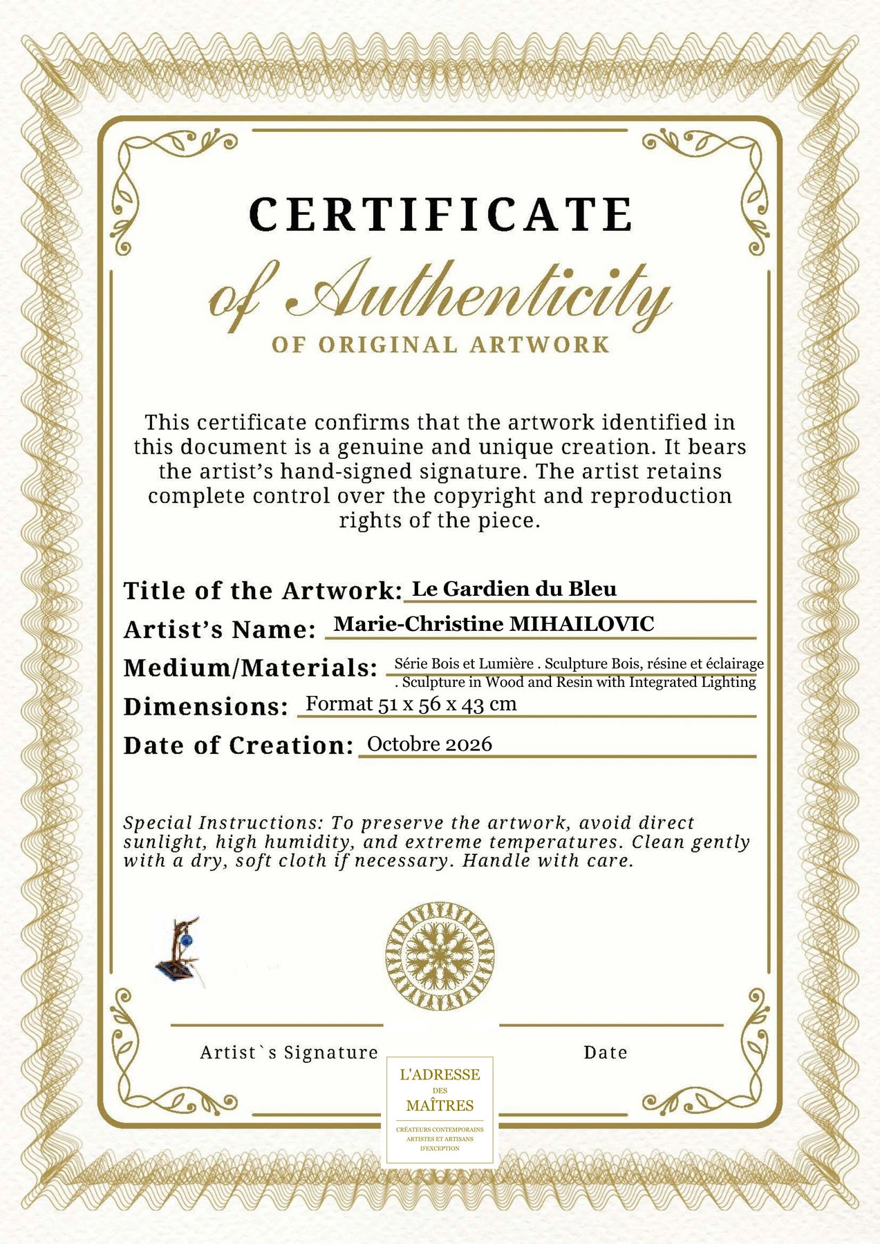 Certificat d'authenticité - Le Gardien du Bleu - Marie-Christine MIHAILOVIC