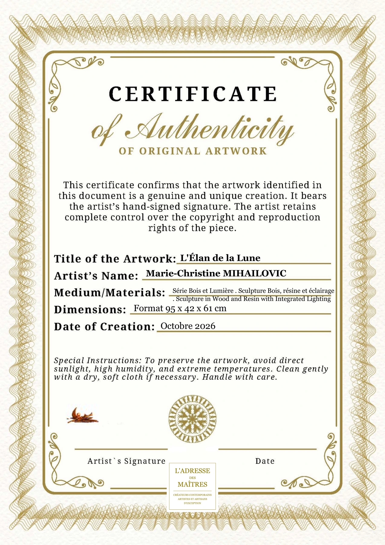 Certificat d'authenticité - L'Élan de la Lune - Marie-Christine MIHAILOVIC
