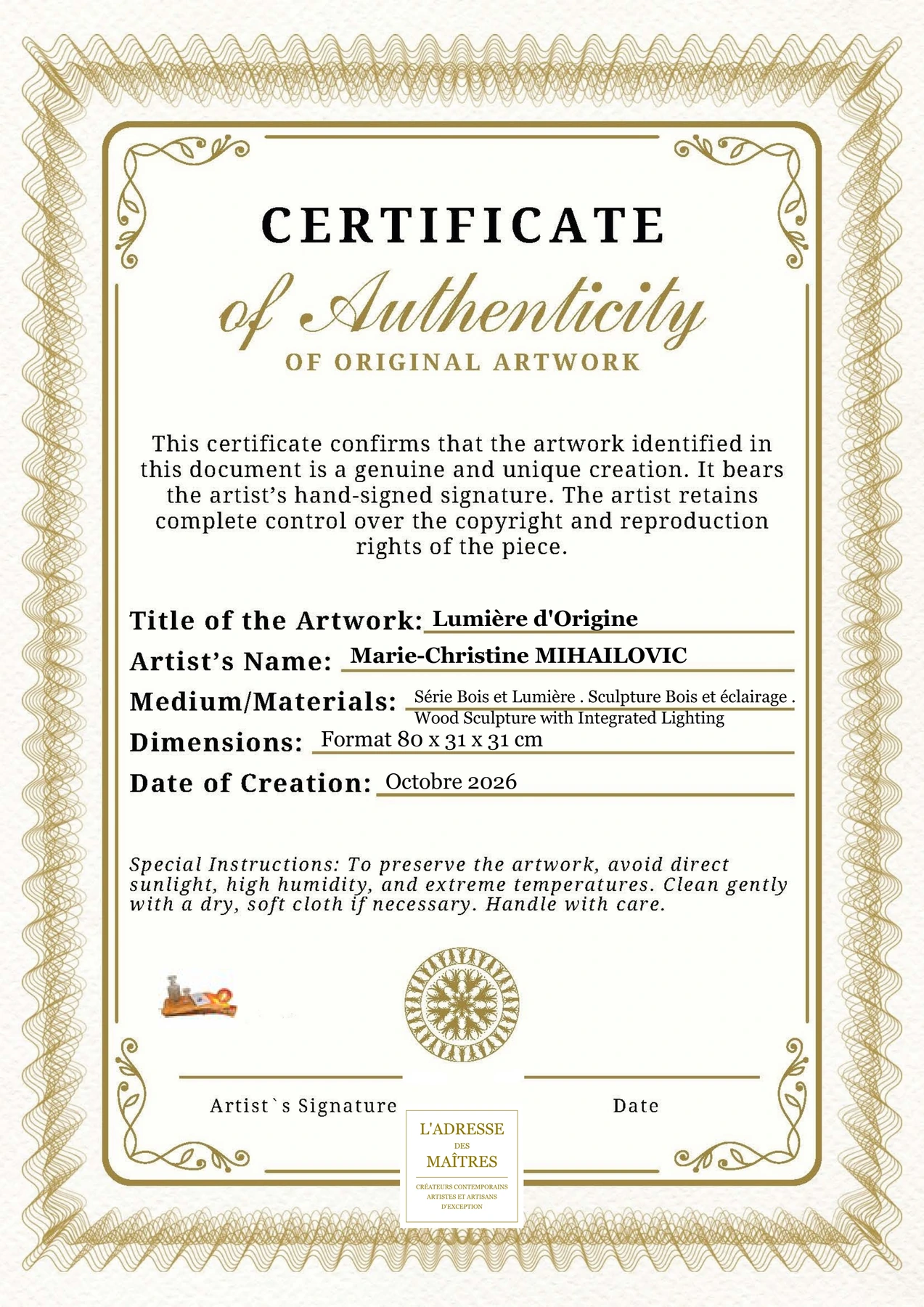 Certificat d'authenticité - Lumière d'Origine - Marie-Christine MIHAILOVIC