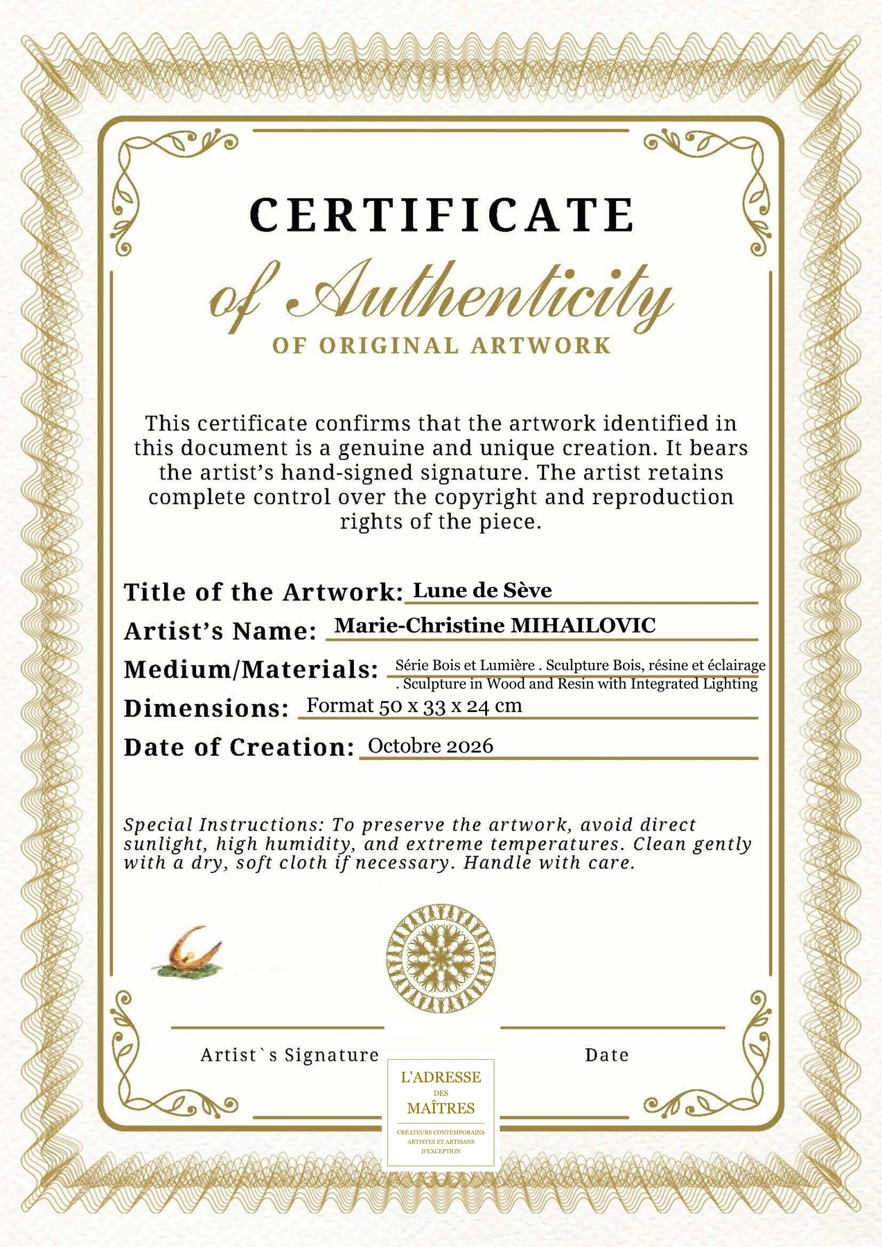 Certificat d'authenticité - Lune de Sève - Marie-Christine MIHAILOVIC