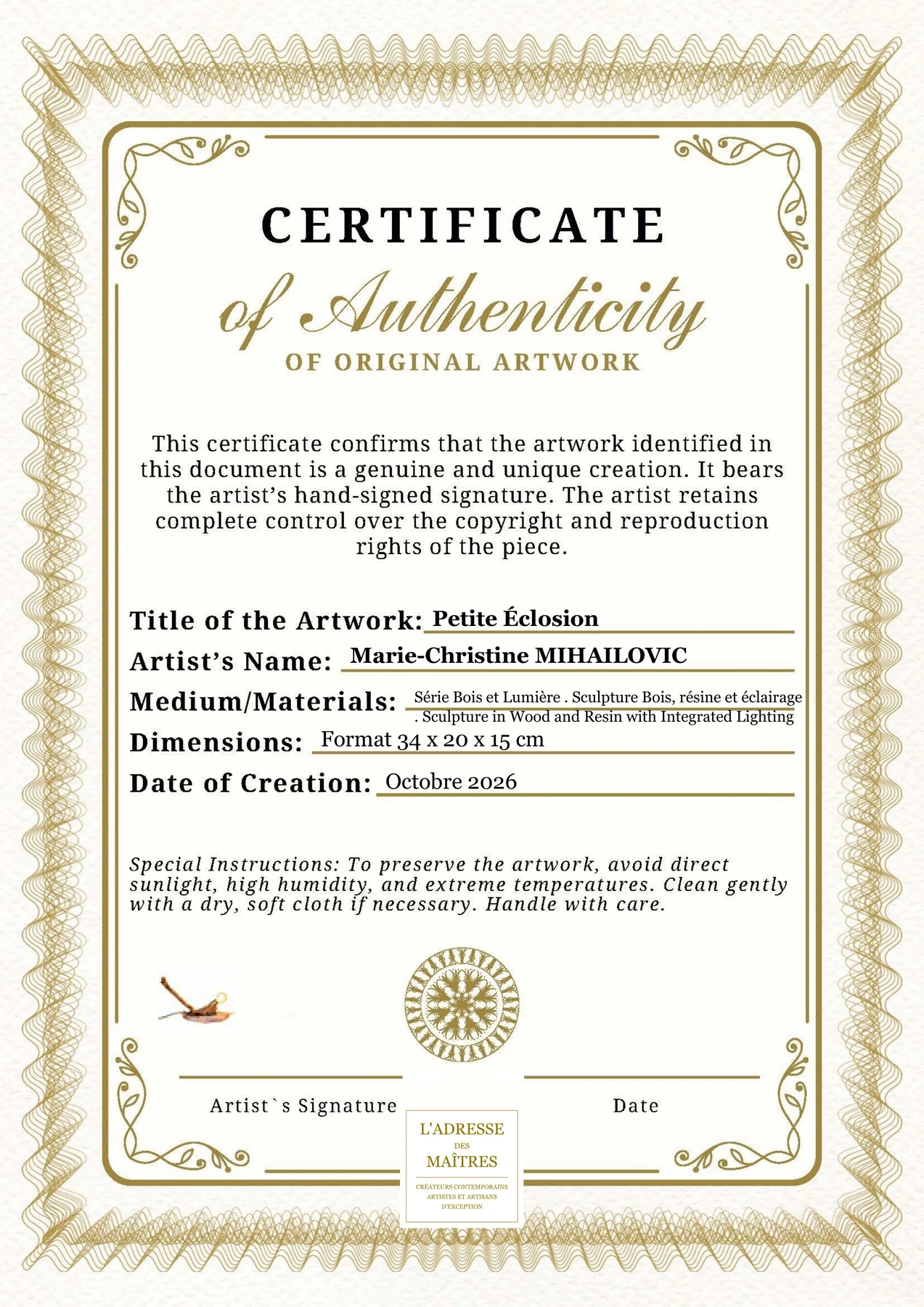 Certificat d'authenticité - Petite Éclosion - Marie-Christine MIHAILOVIC