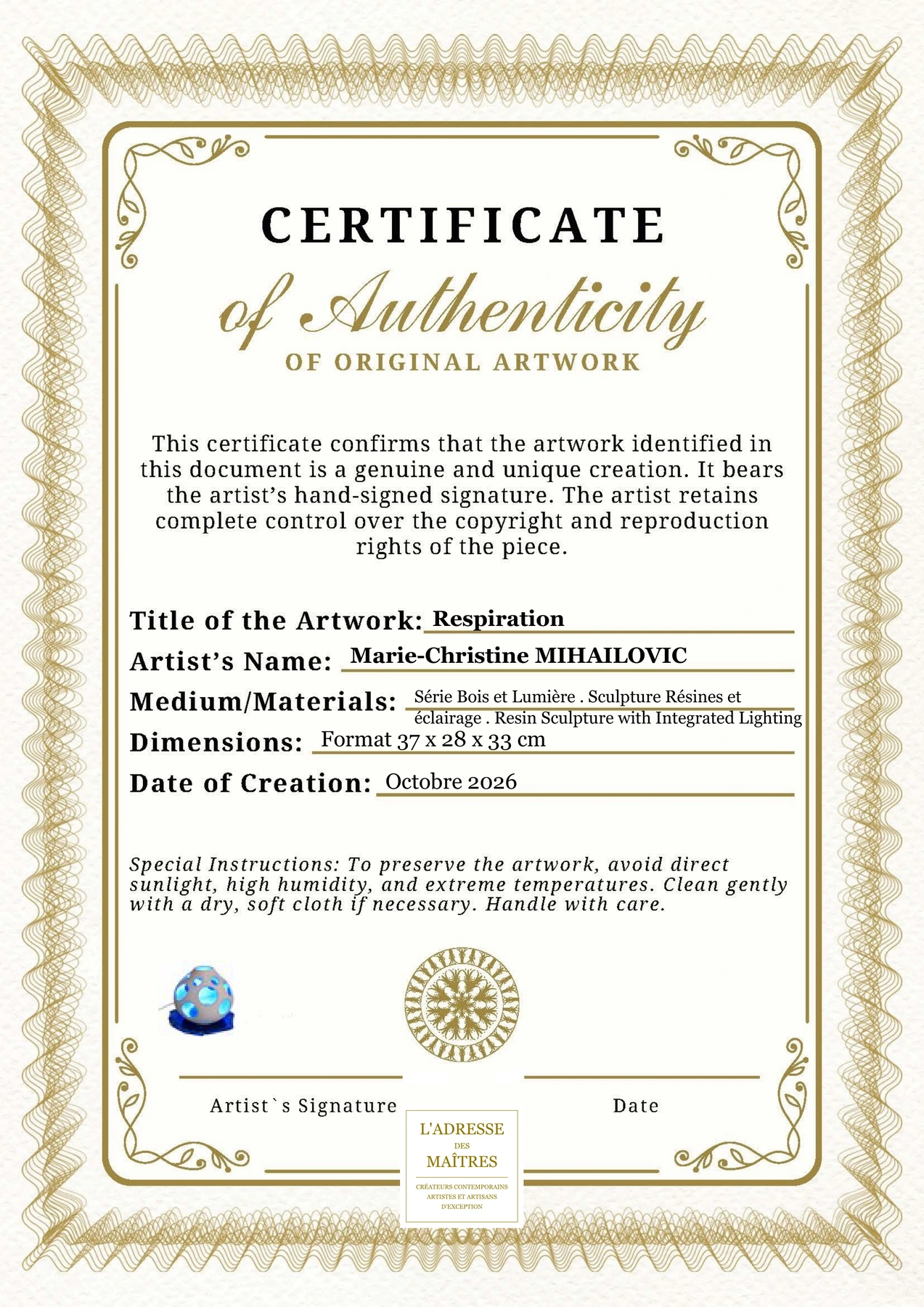 Certificat d'authenticité - Respiration - Marie-Christine MIHAILOVIC