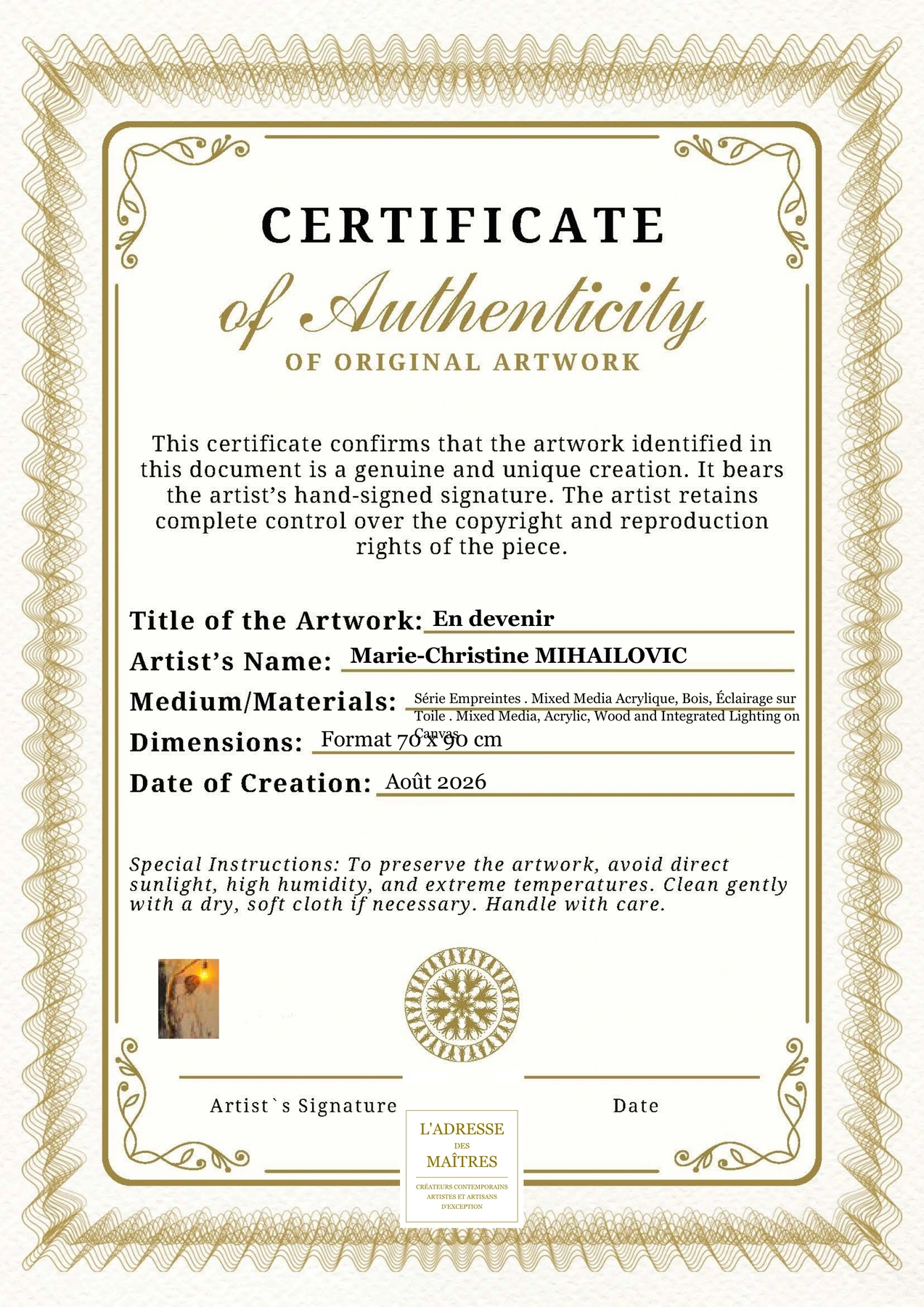Certificat d'authenticité - En devenir - Marie-Christine MIHAILOVIC
