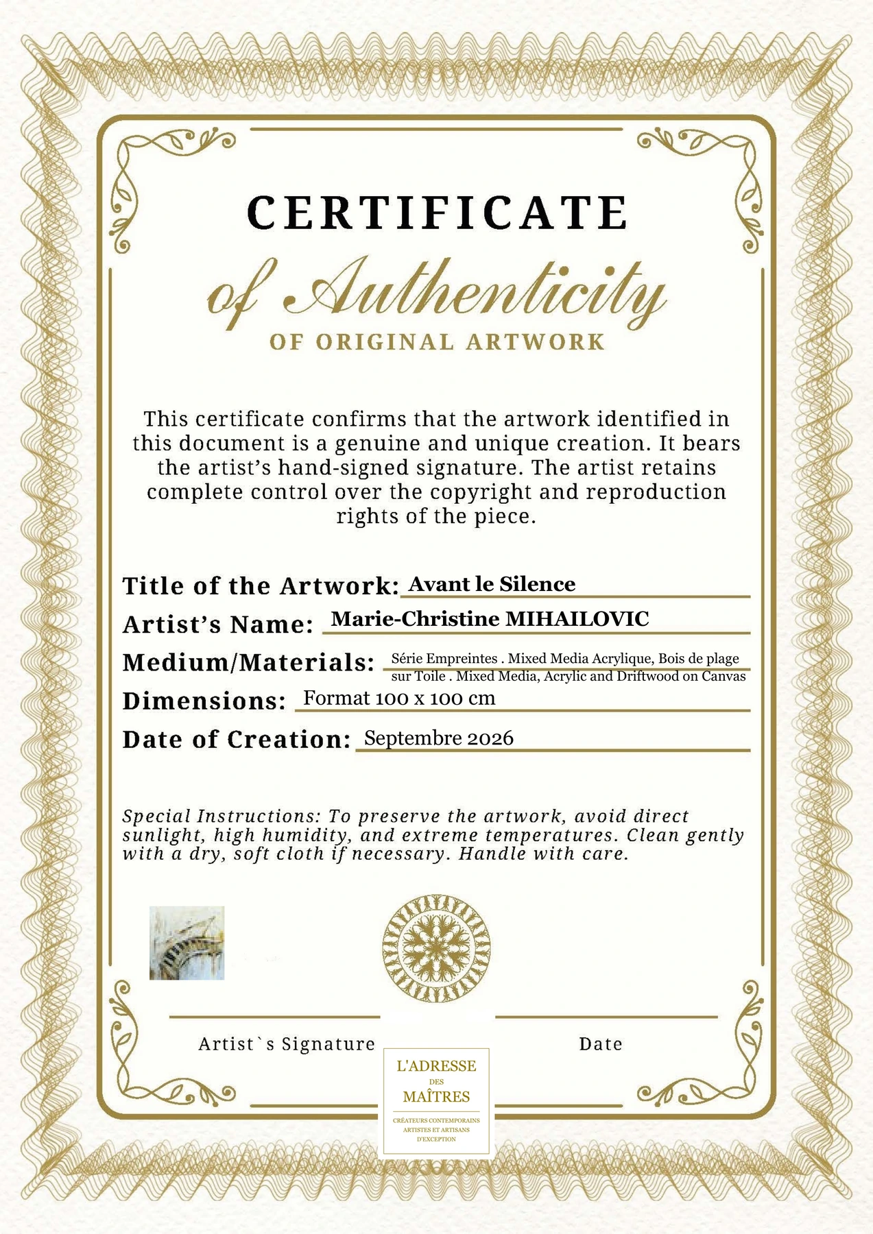 Certificat d'authenticité - Avant le Silence - Marie-Christine MIHAILOVIC