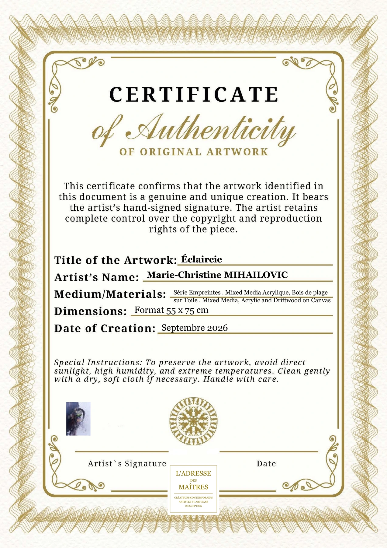 Certificat d'authenticité - Éclaircie - Marie-Christine MIHAILOVIC