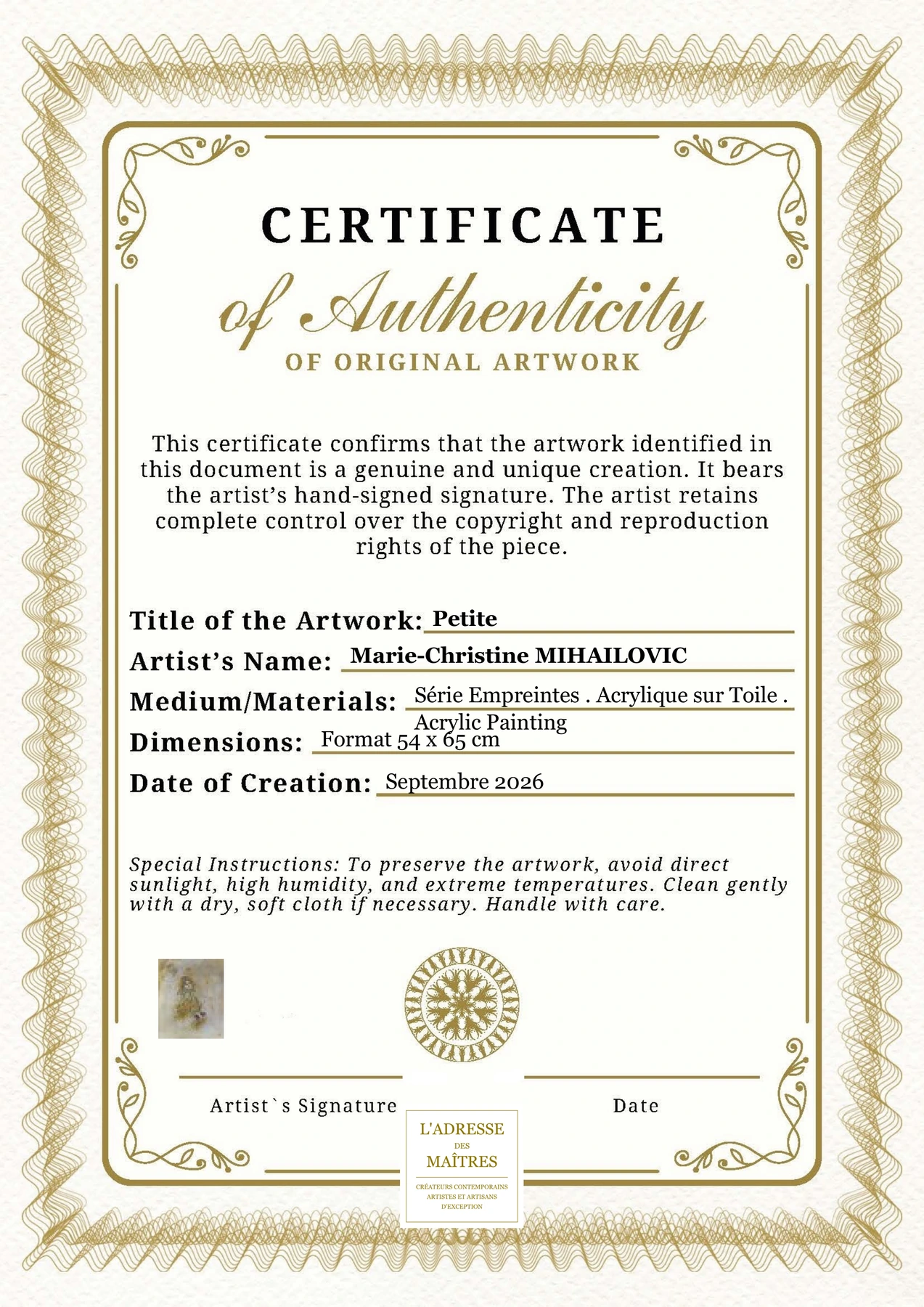 Certificat d'authenticité - Petite - Marie-Christine MIHAILOVIC