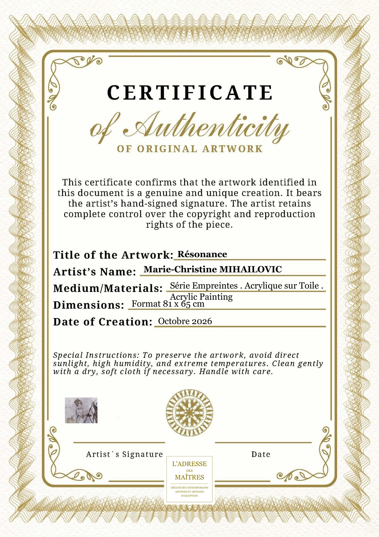 Certificat d'authenticité - Résonance - Marie-Christine MIHAILOVIC