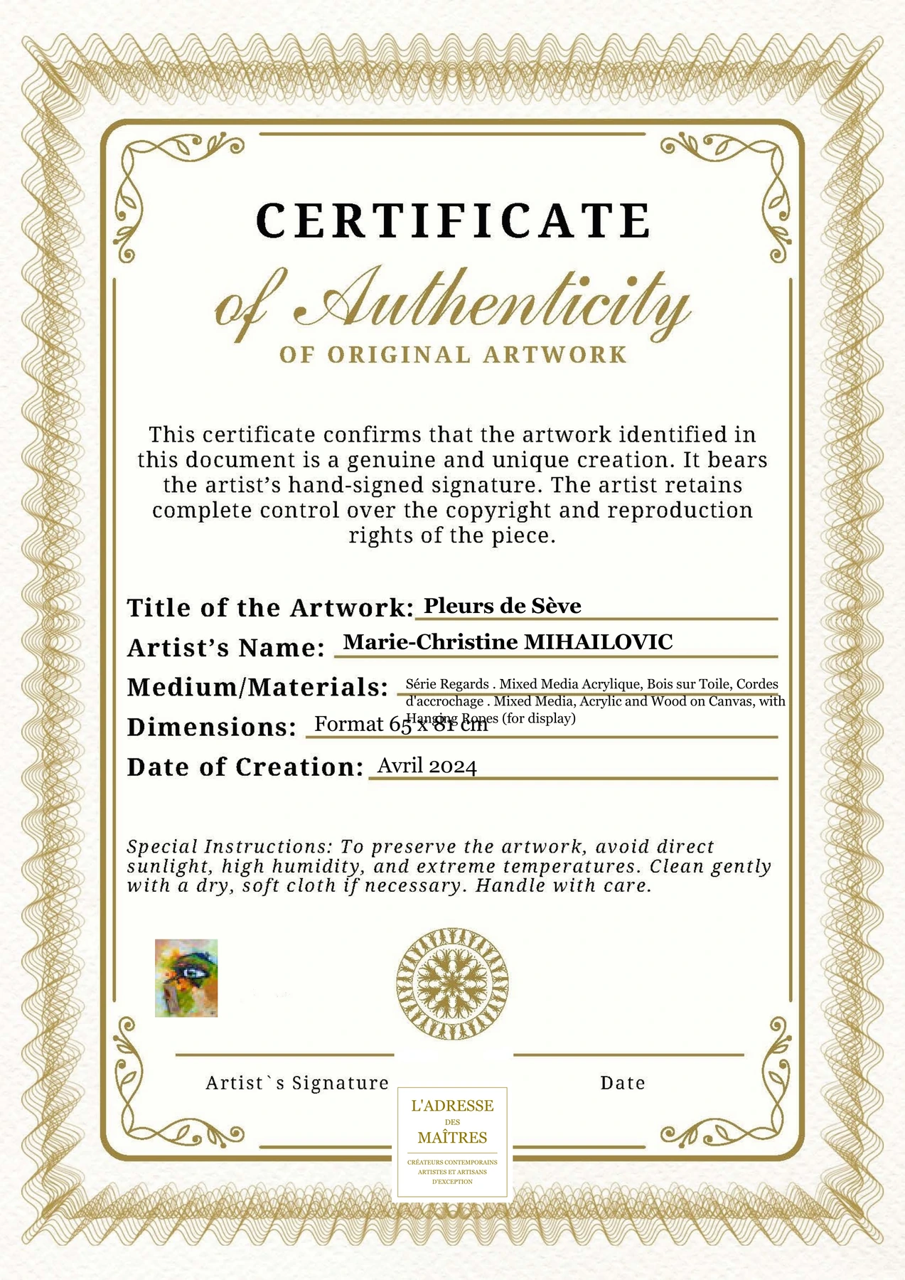 Certificat d'authenticité - Pleurs de Sève - Marie-Christine MIHAILOVIC