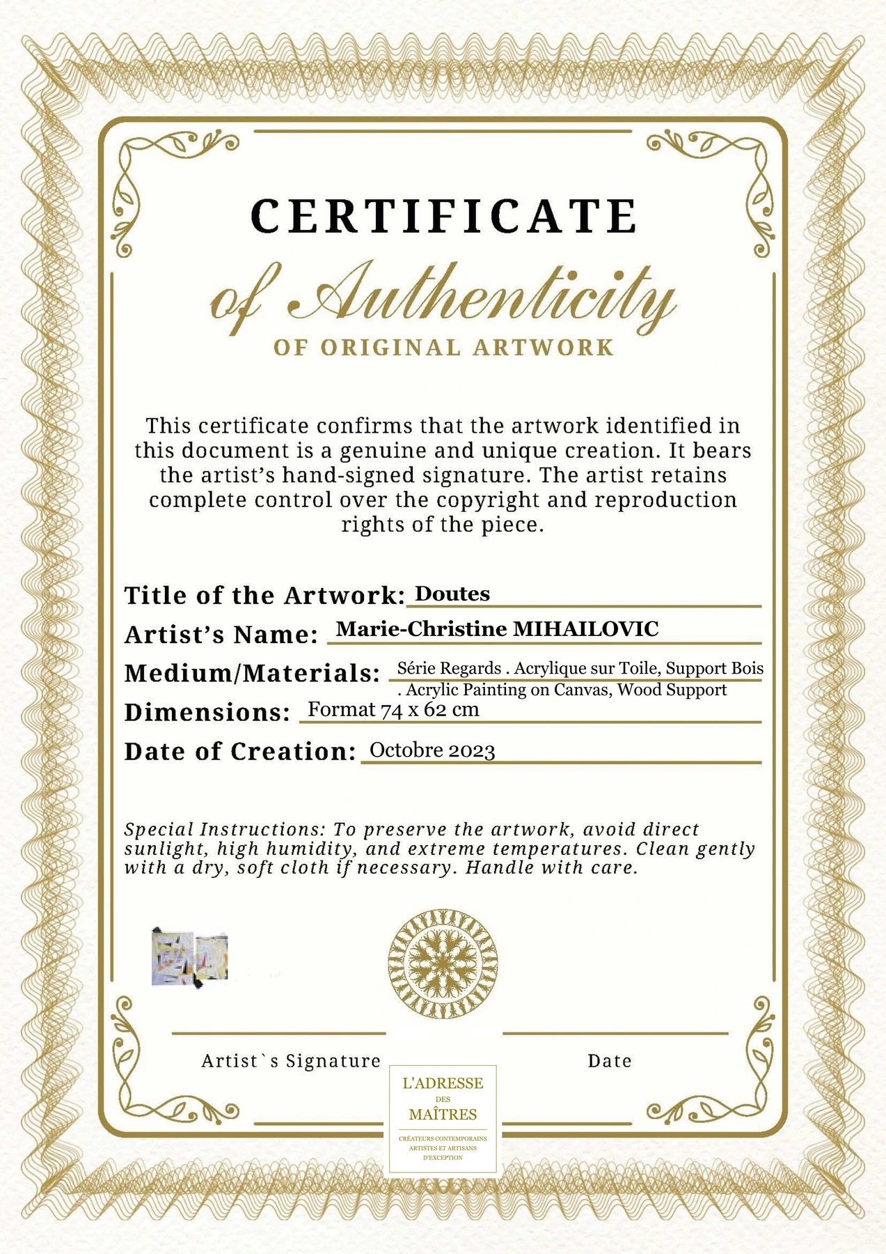 Certificat d'authenticité - Doutes - Marie-Christine MIHAILOVIC