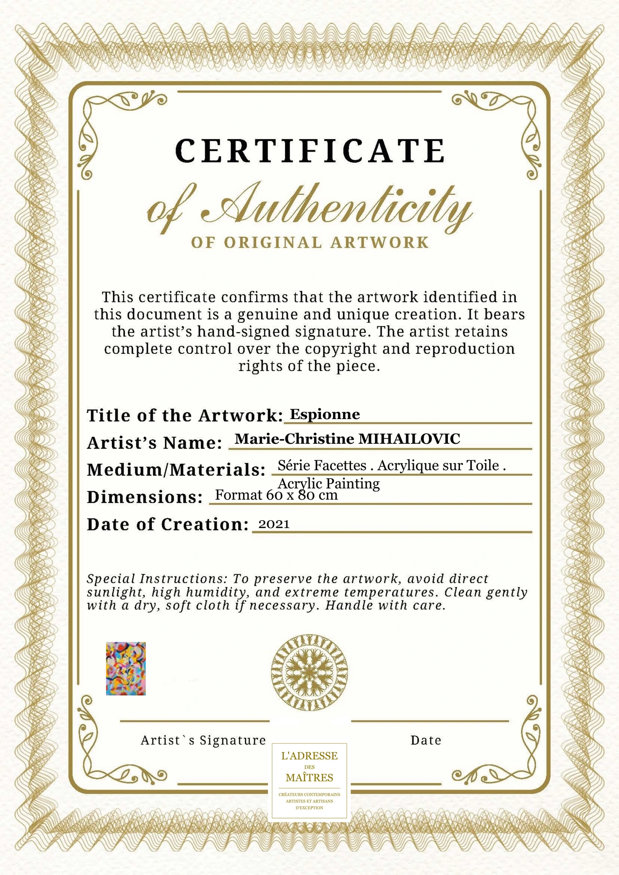 Certificat d'authenticité - Espionne - Marie-Christine MIHAILOVIC