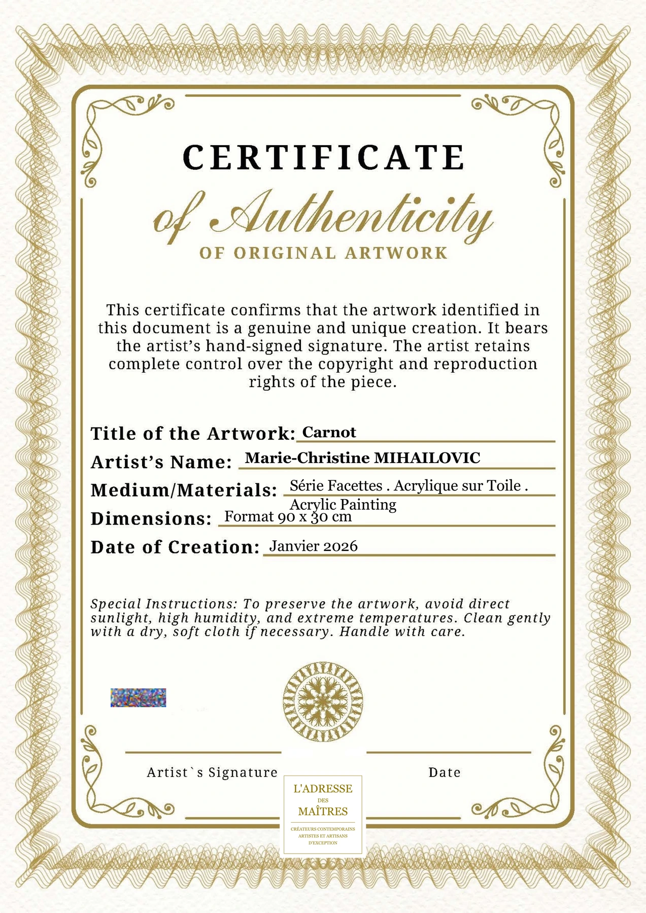 Certificat d'authenticité - Carnot - Marie-Christine MIHAILOVIC