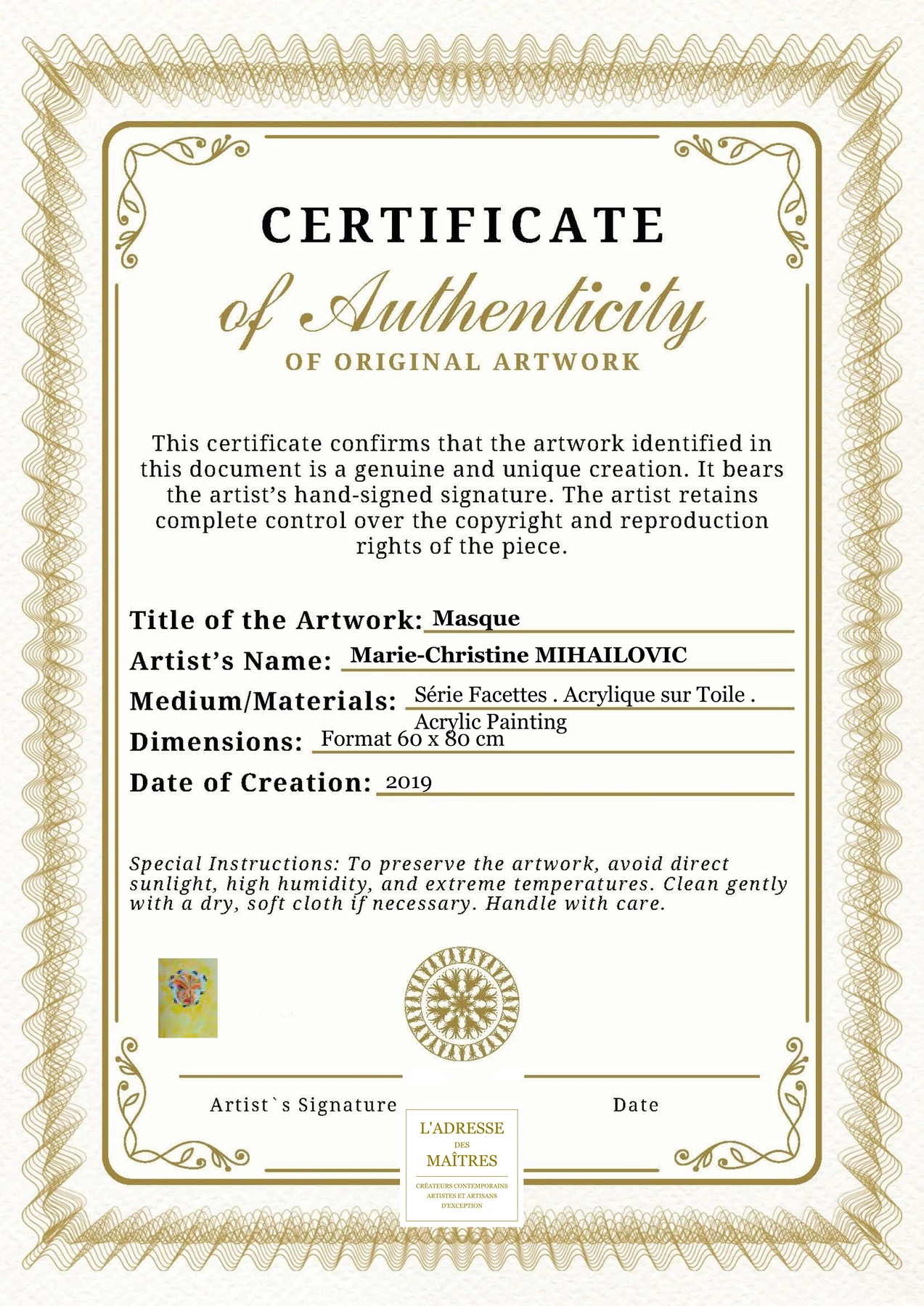 Certificat d'authenticité - Masque - Marie-Christine MIHAILOVIC