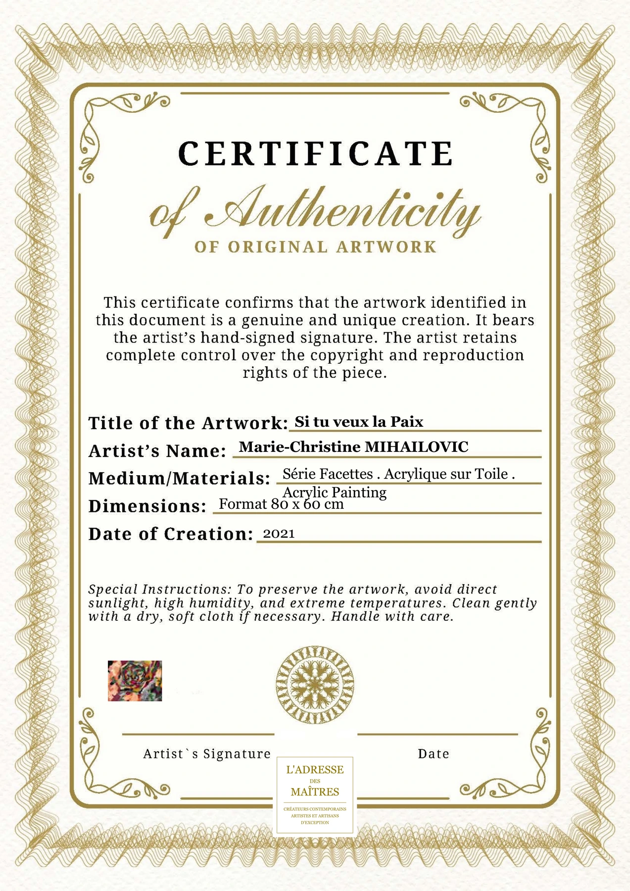 Certificat d'authenticité - Si tu veux la Paix - Marie-Christine MIHAILOVIC