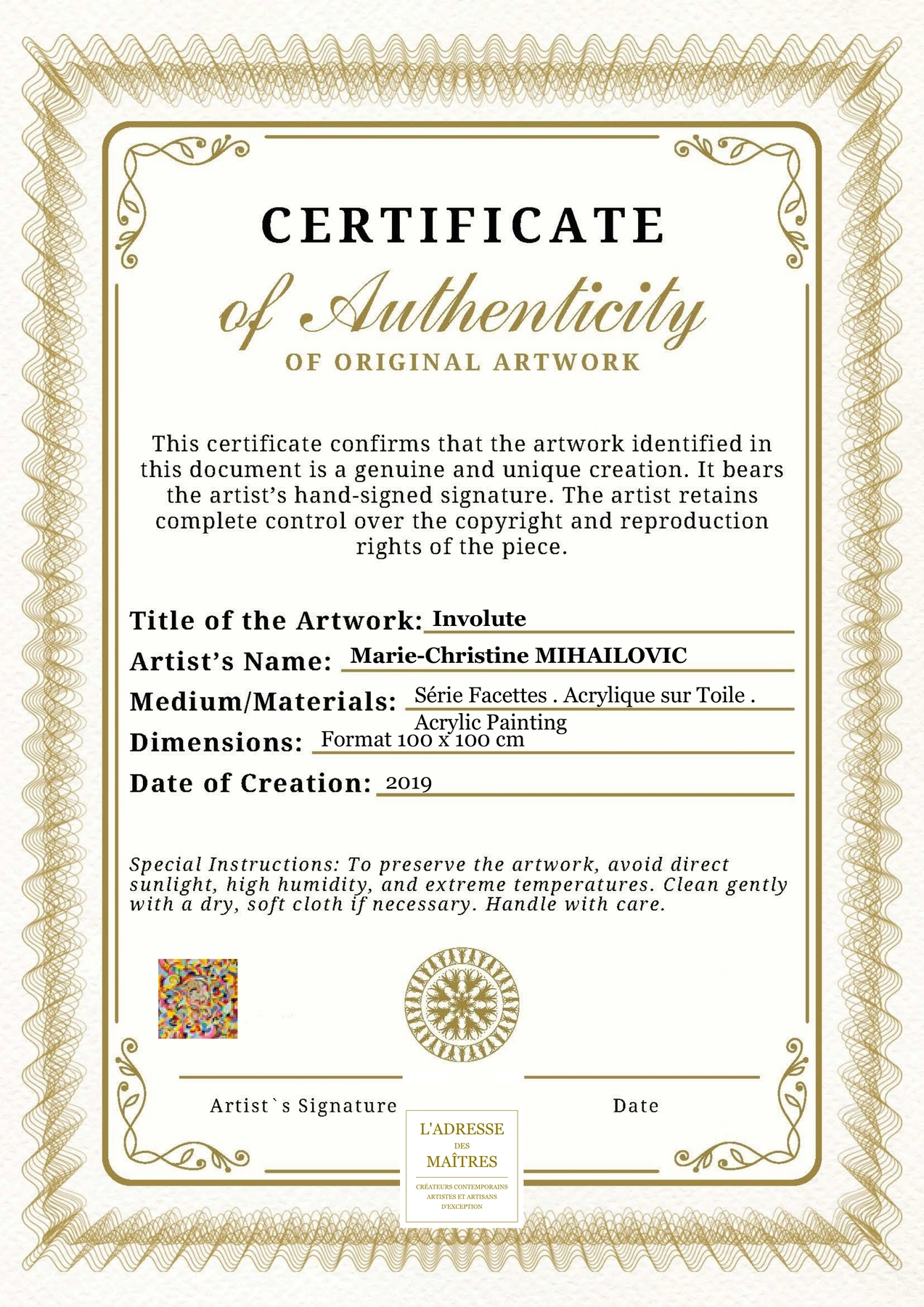 Certificat d'authenticité - Involute - Marie-Christine MIHAILOVIC