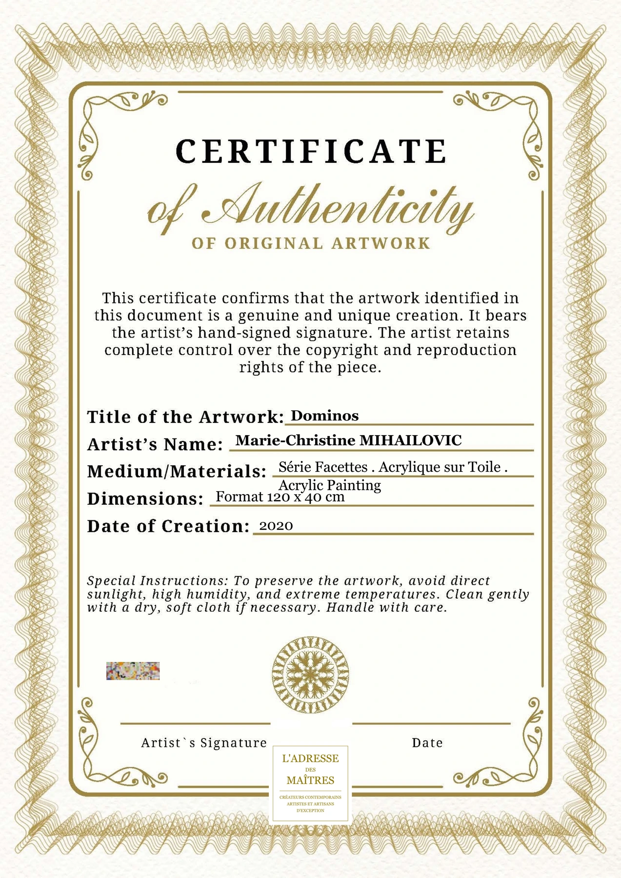 Certificat d'authenticité - Dominos - Marie-Christine MIHAILOVIC