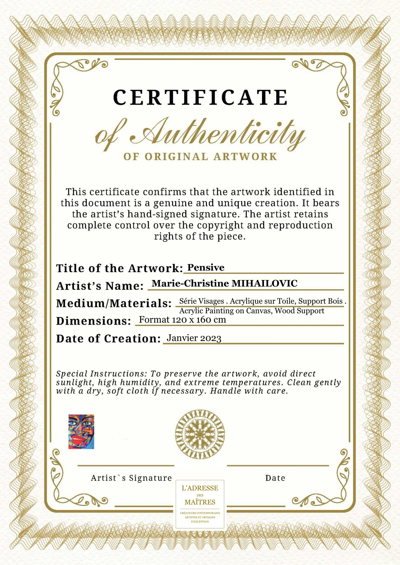 Certificat d'authenticité - Pensive - Marie-Christine MIHAILOVIC