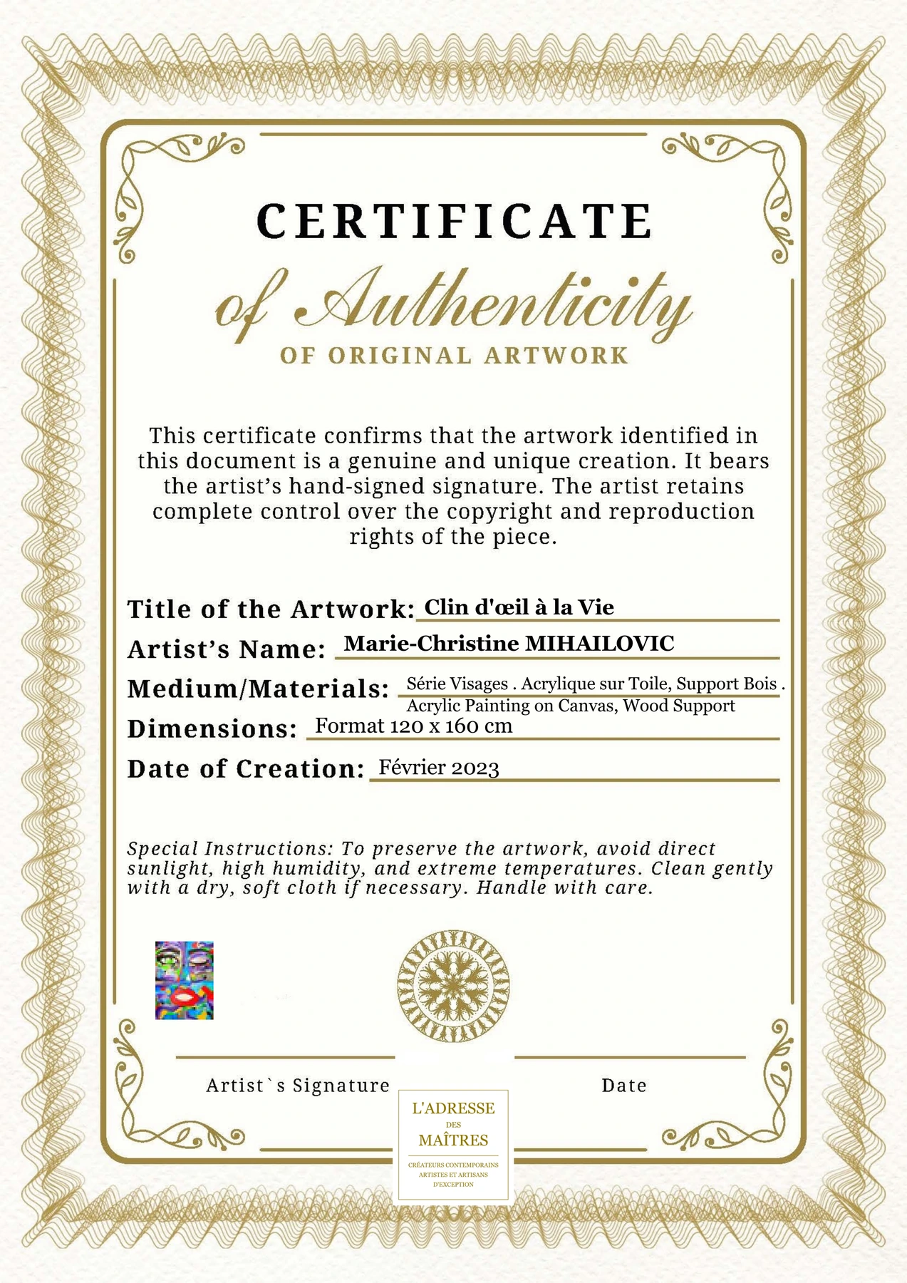 Certificat d'authenticité - Clin d'œil à la Vie - Marie-Christine MIHAILOVIC