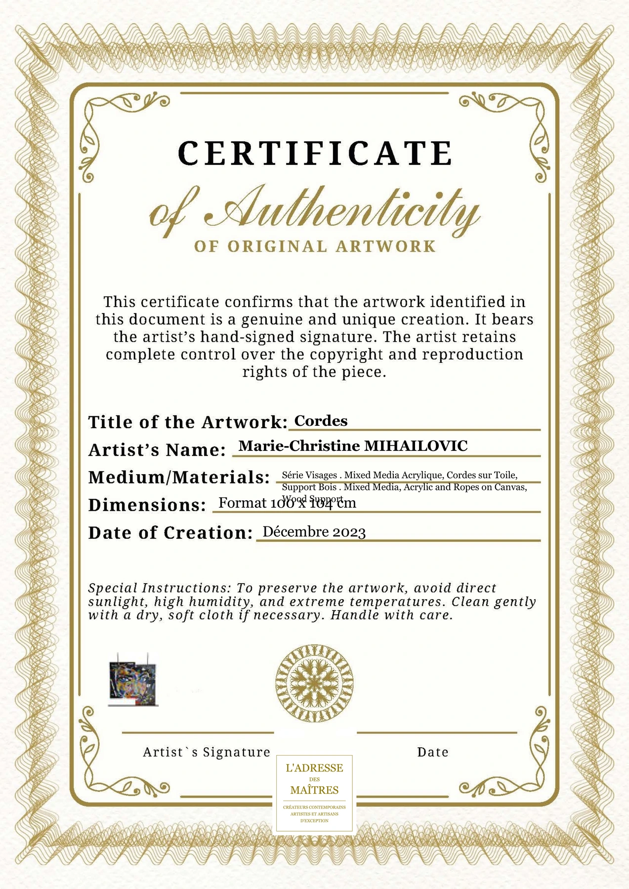 Certificat d'authenticité - Cordes - Marie-Christine MIHAILOVIC