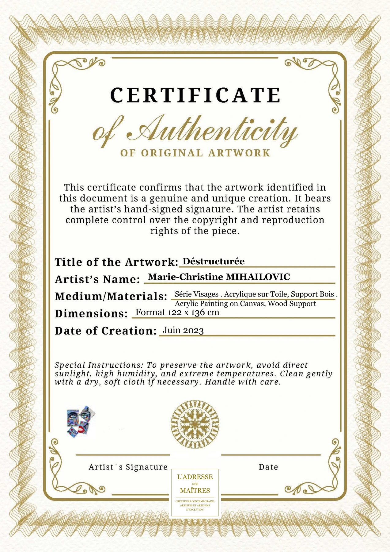 Certificat d'authenticité - Déstructurée - Marie-Christine MIHAILOVIC