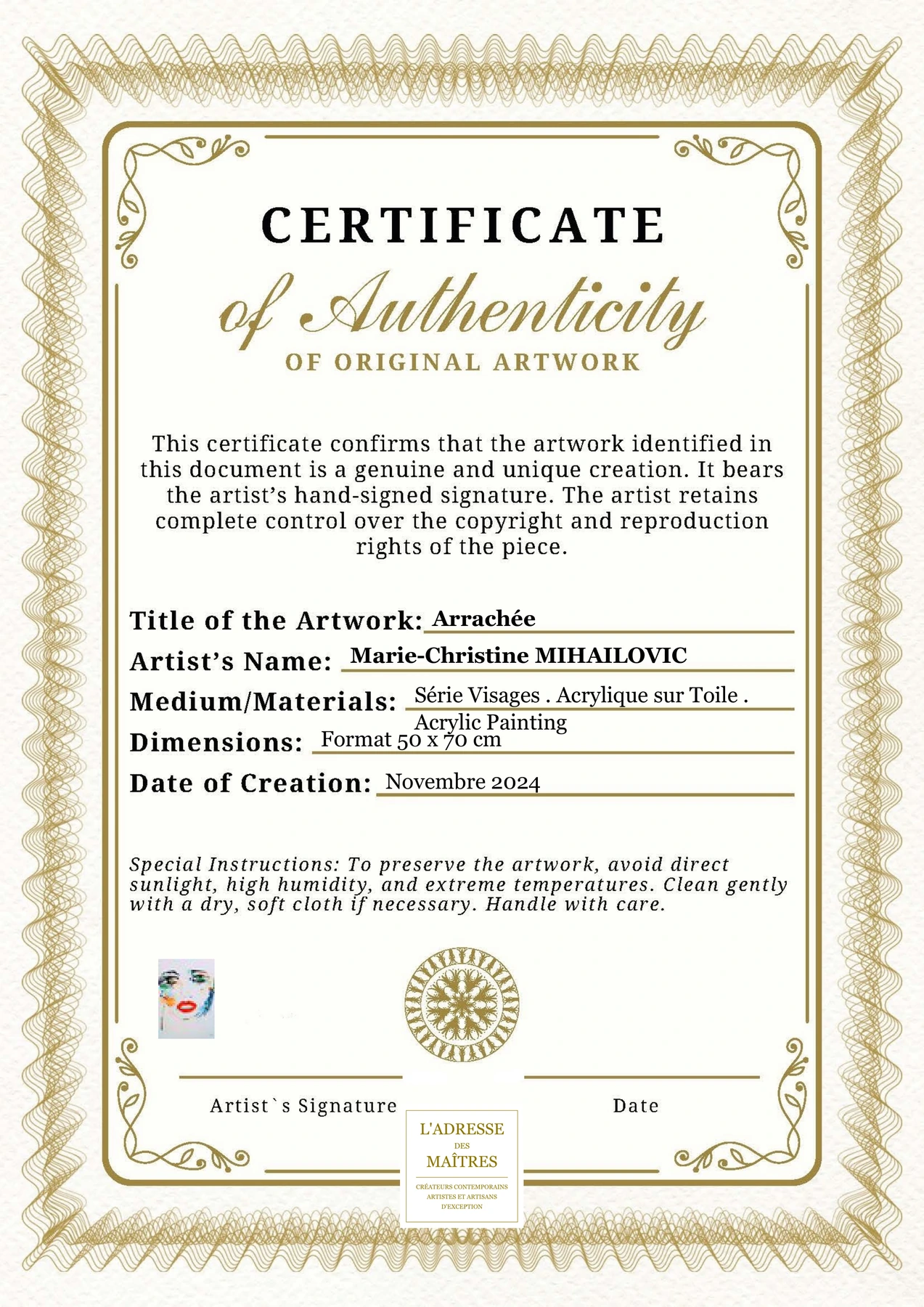 Certificat d'authenticité - Arrachée - Marie-Christine MIHAILOVIC
