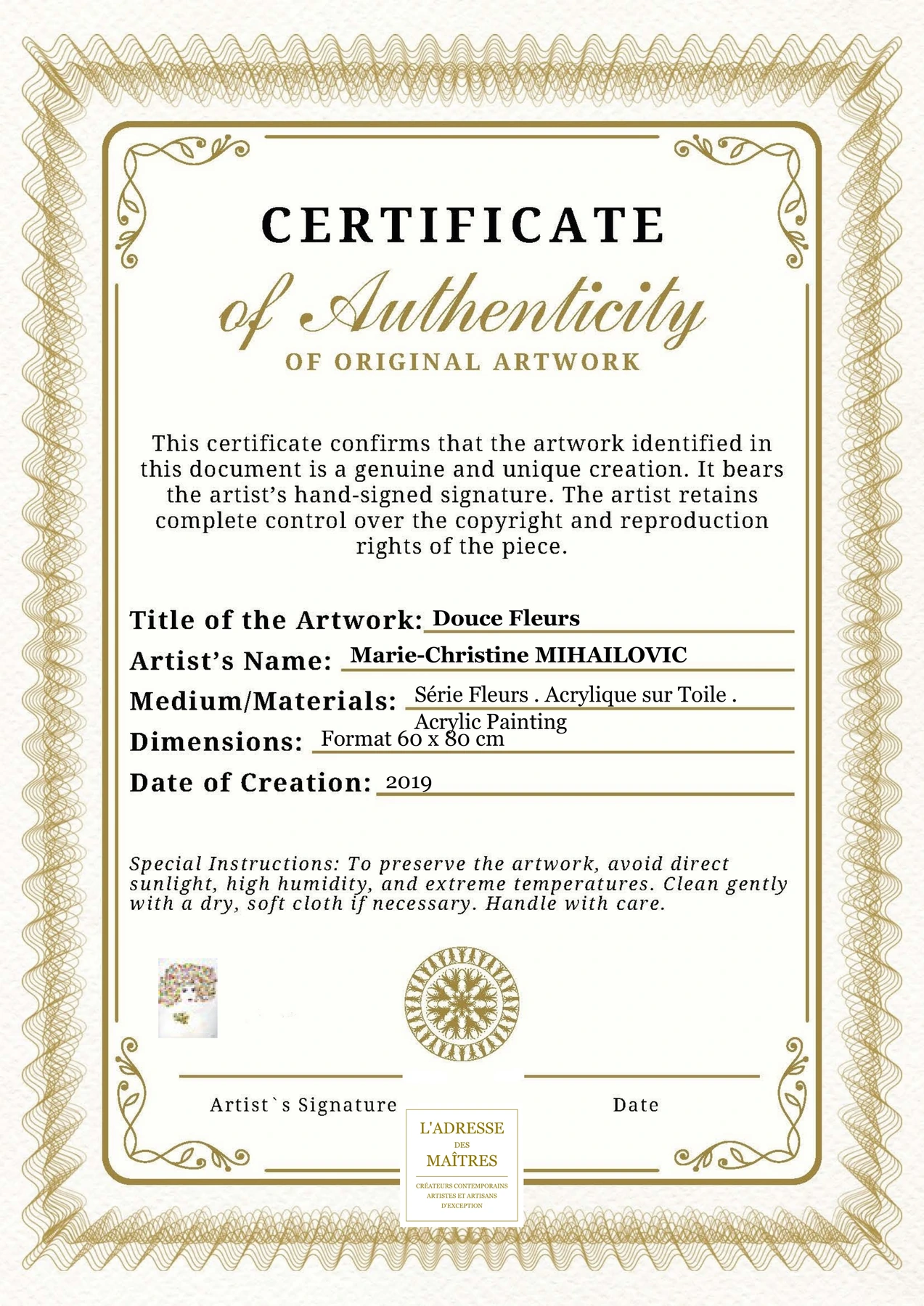 Certificat d'authenticité - Douce Fleurs - Marie-Christine MIHAILOVIC