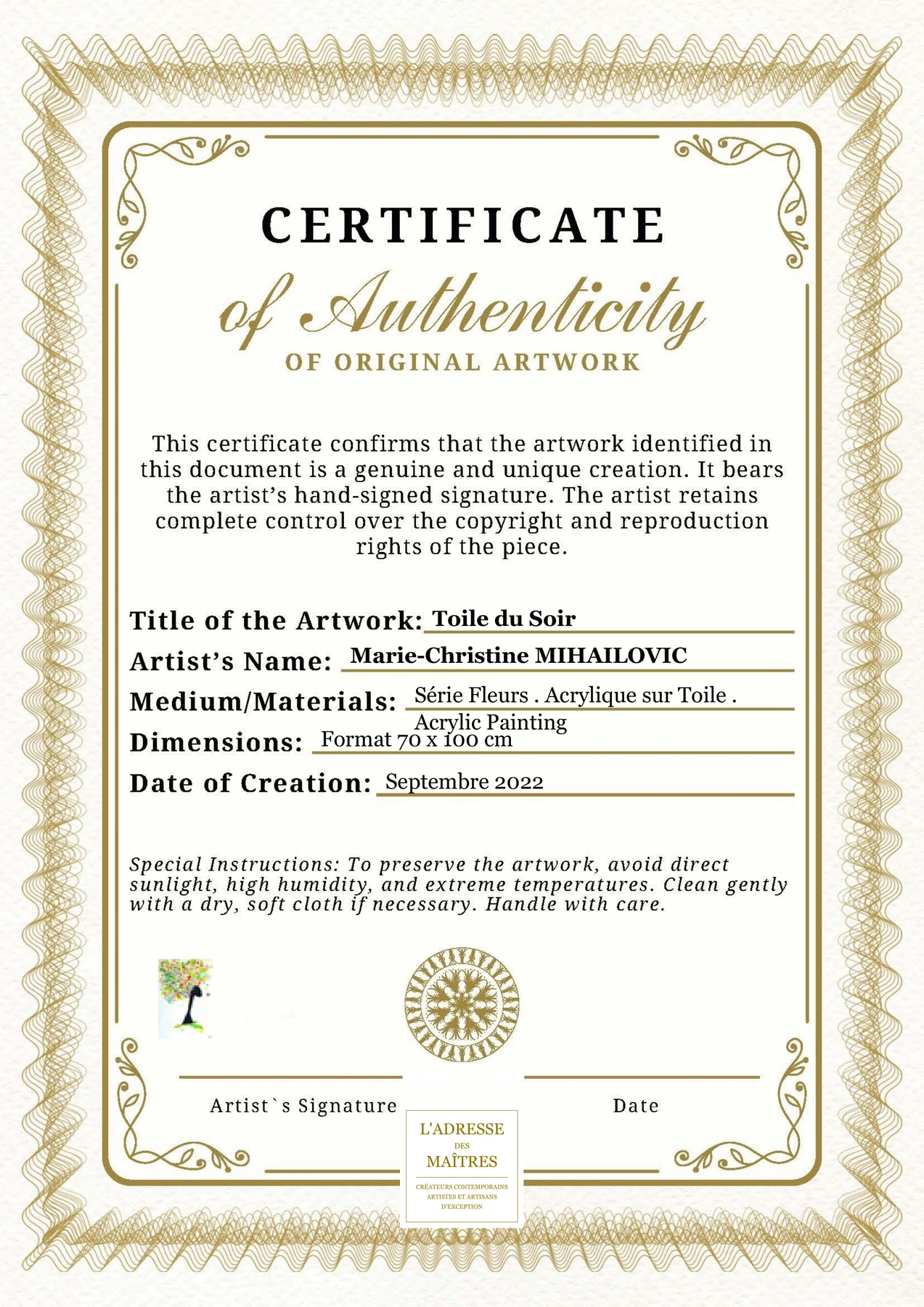 Certificat d'authenticité - Toile du Soir - Marie-Christine MIHAILOVIC