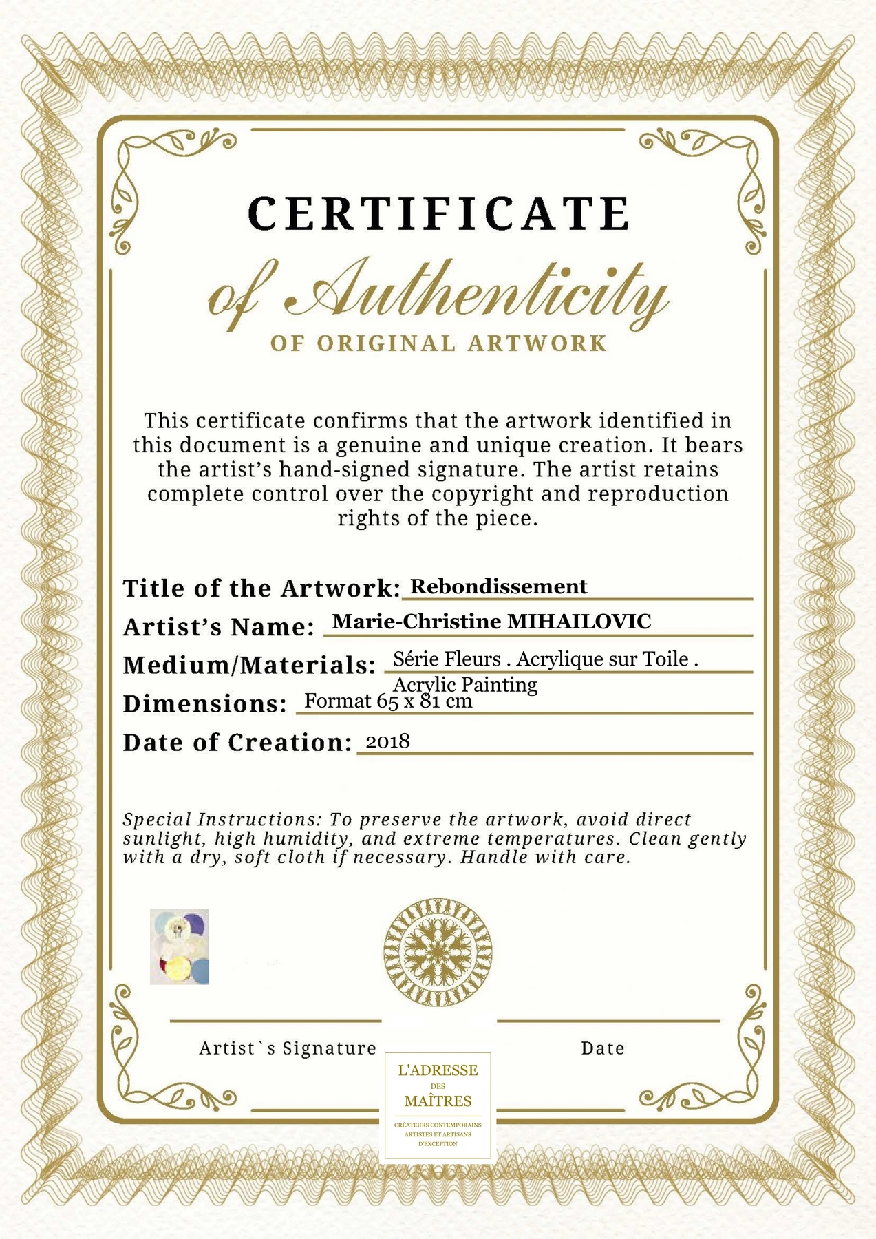 Certificat d'authenticité - Rebondissement - Marie-Christine MIHAILOVIC