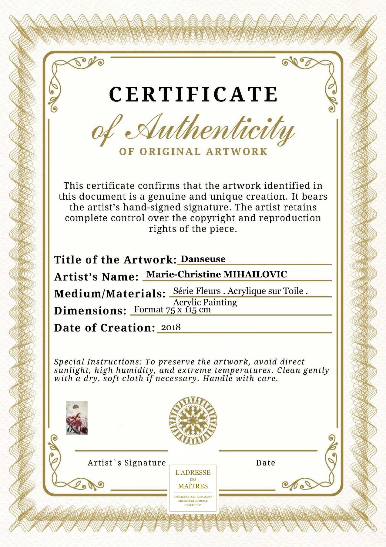 Certificat d'authenticité - Danseuse - Marie-Christine MIHAILOVIC