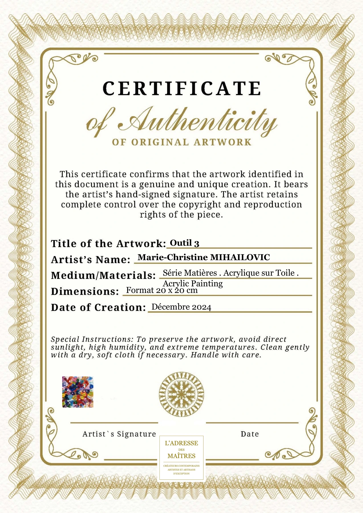 Certificat d'authenticité - Outil 3 - Marie-Christine MIHAILOVIC