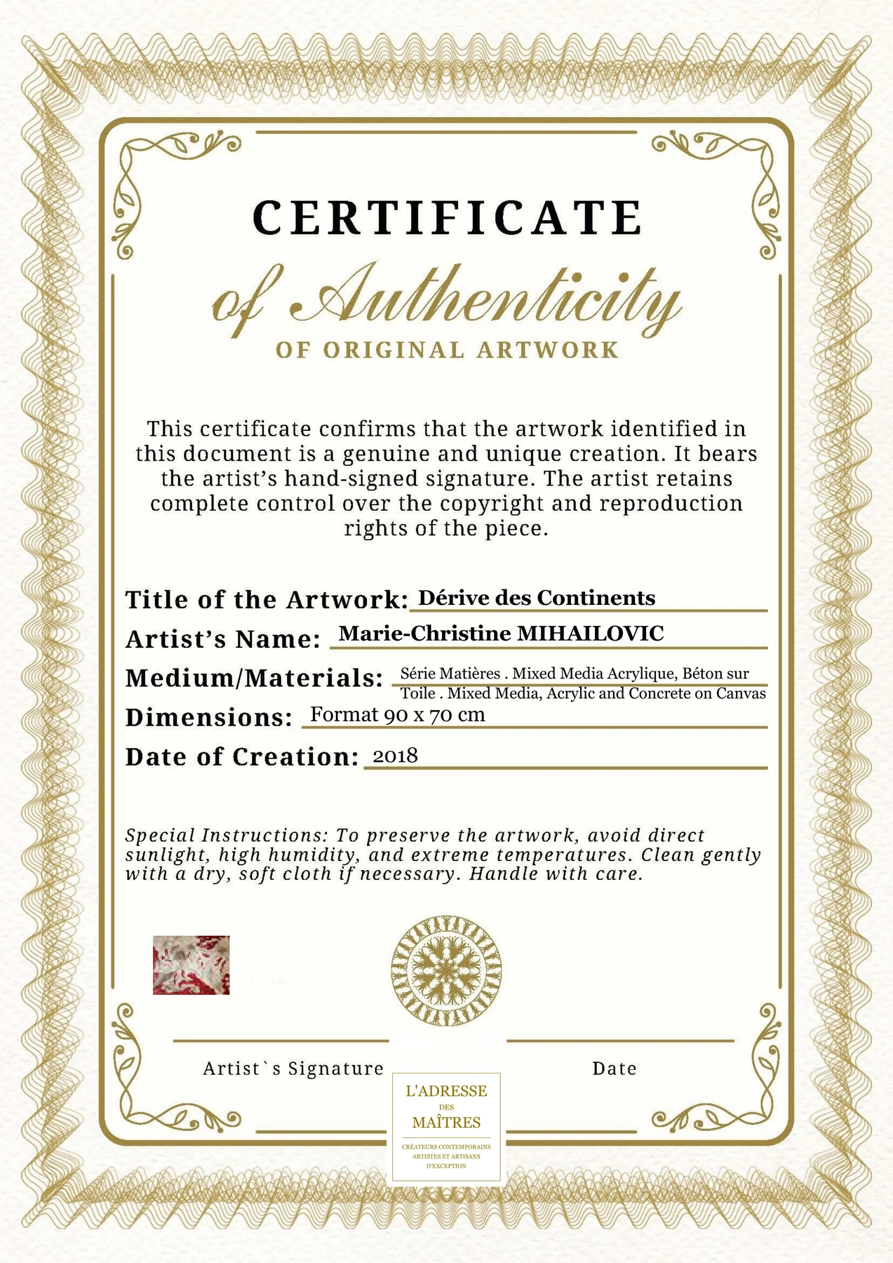 Certificat d'authenticité - Dérive des Continents - Marie-Christine MIHAILOVIC