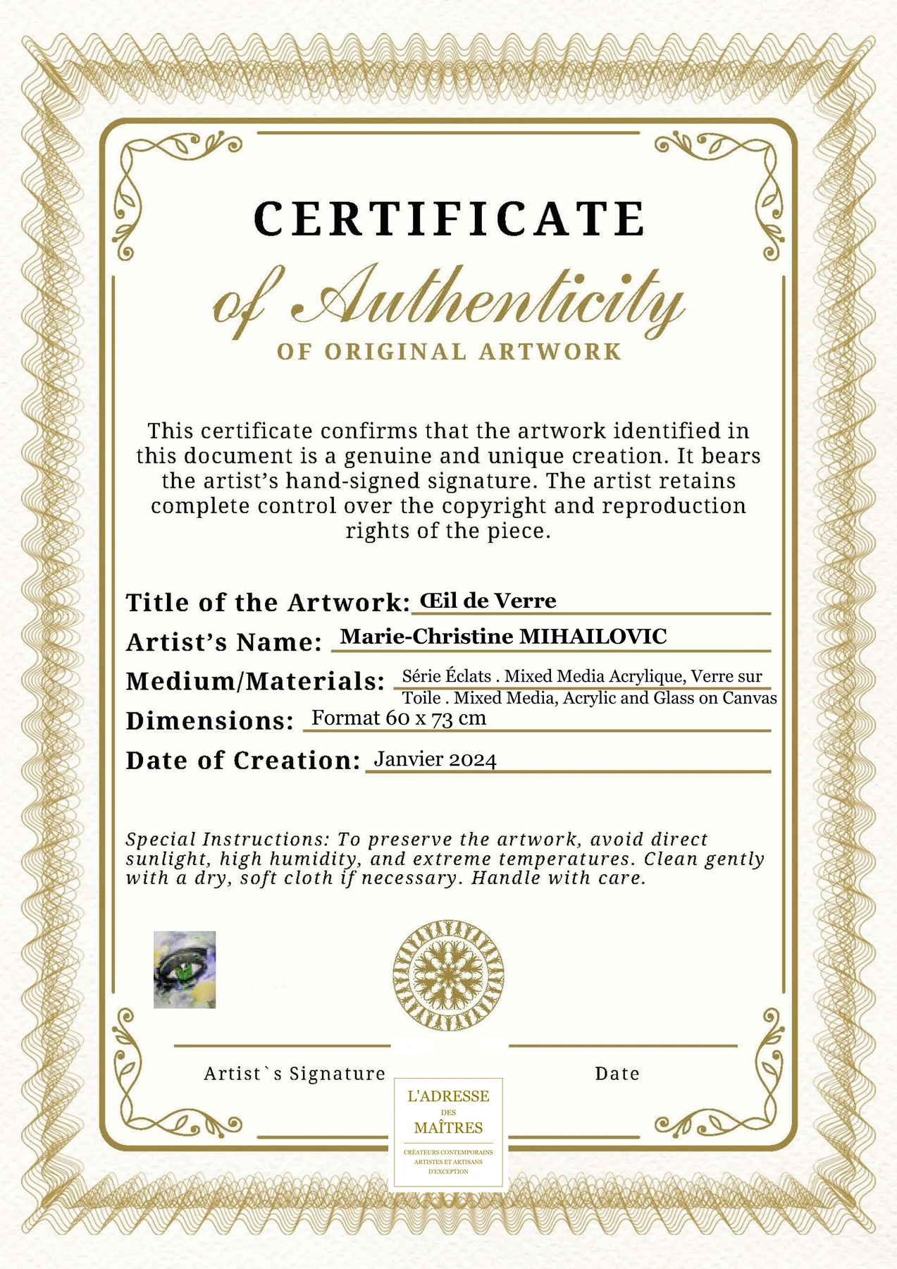Certificat d'authenticité - Œil de Verre - Marie-Christine MIHAILOVIC