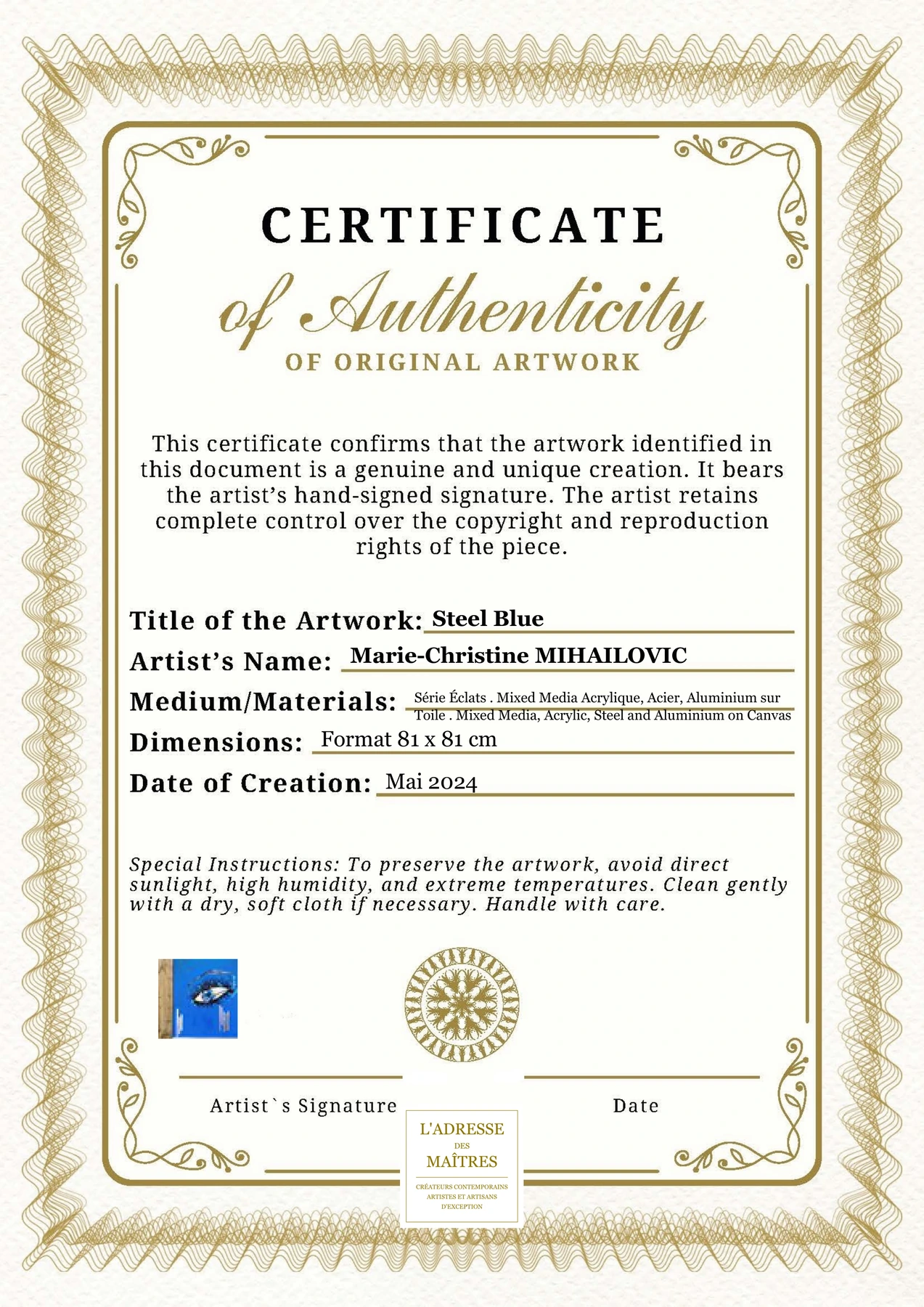Certificat d'authenticité - Steel Blue - Marie-Christine MIHAILOVIC