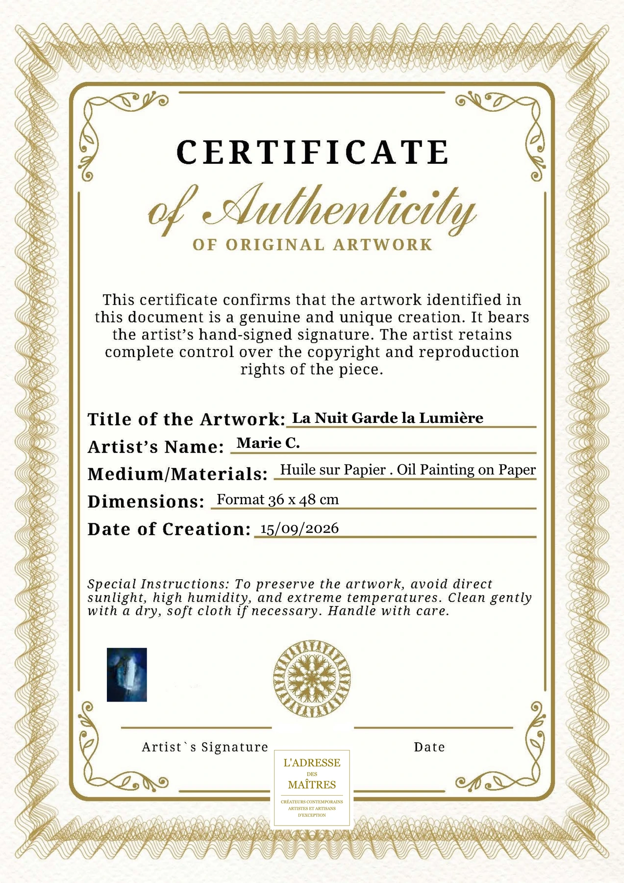 Certificat d'authenticité - La Nuit Garde la Lumière - Marie C.