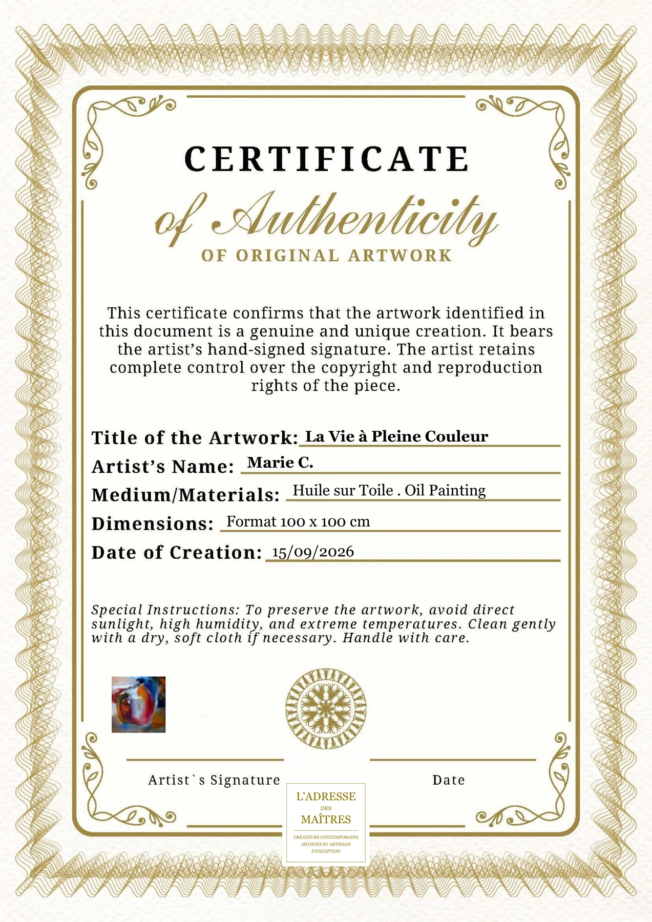 Certificat d'authenticité - La Vie à Pleine Couleur - Marie C.