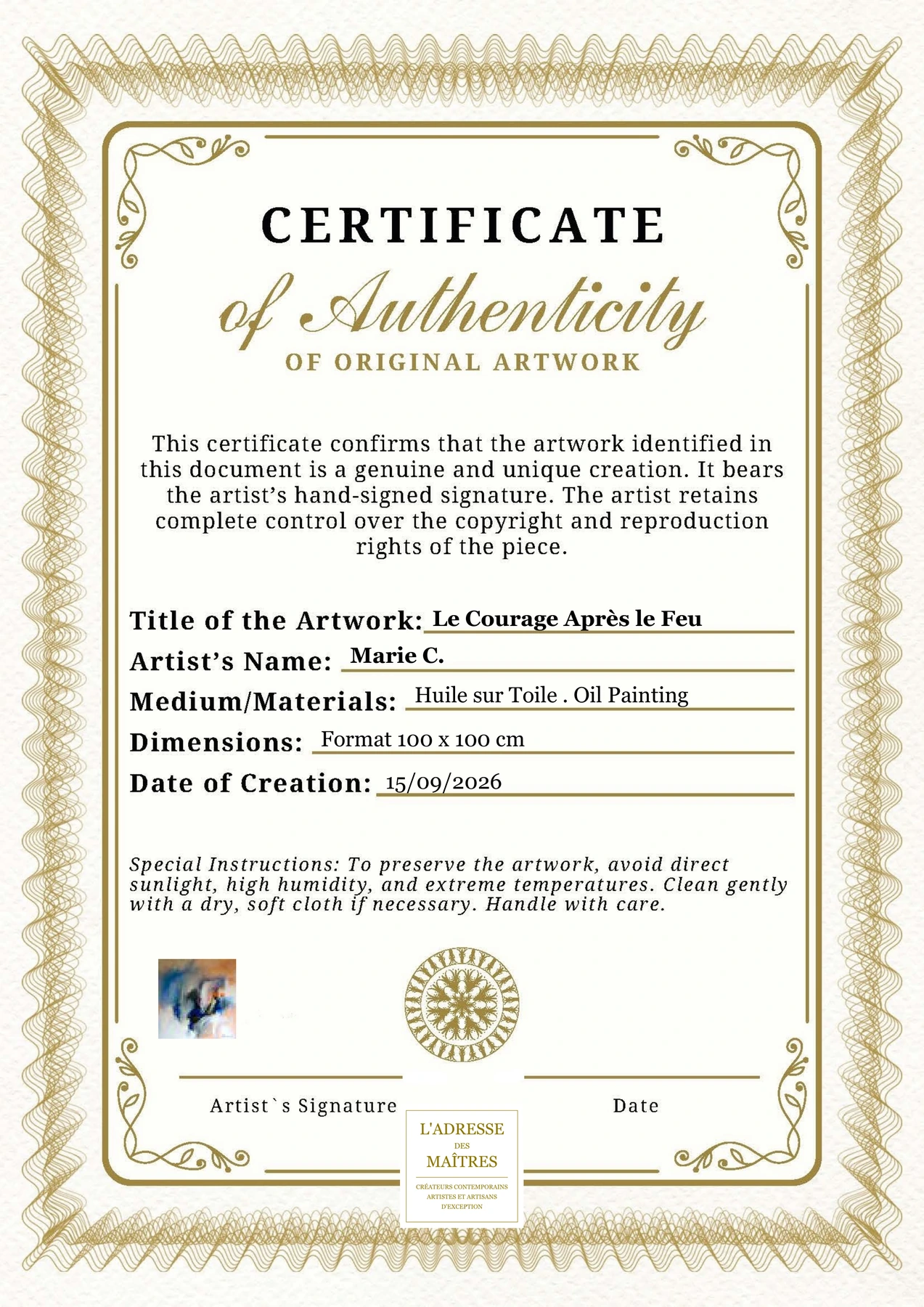 Certificat d'authenticité - Le Courage Après le Feu - Marie C.