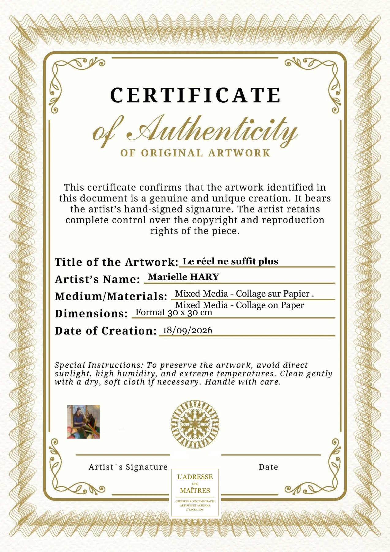 Certificat d'authenticité - Le réel ne suffit plus - Marielle HARY