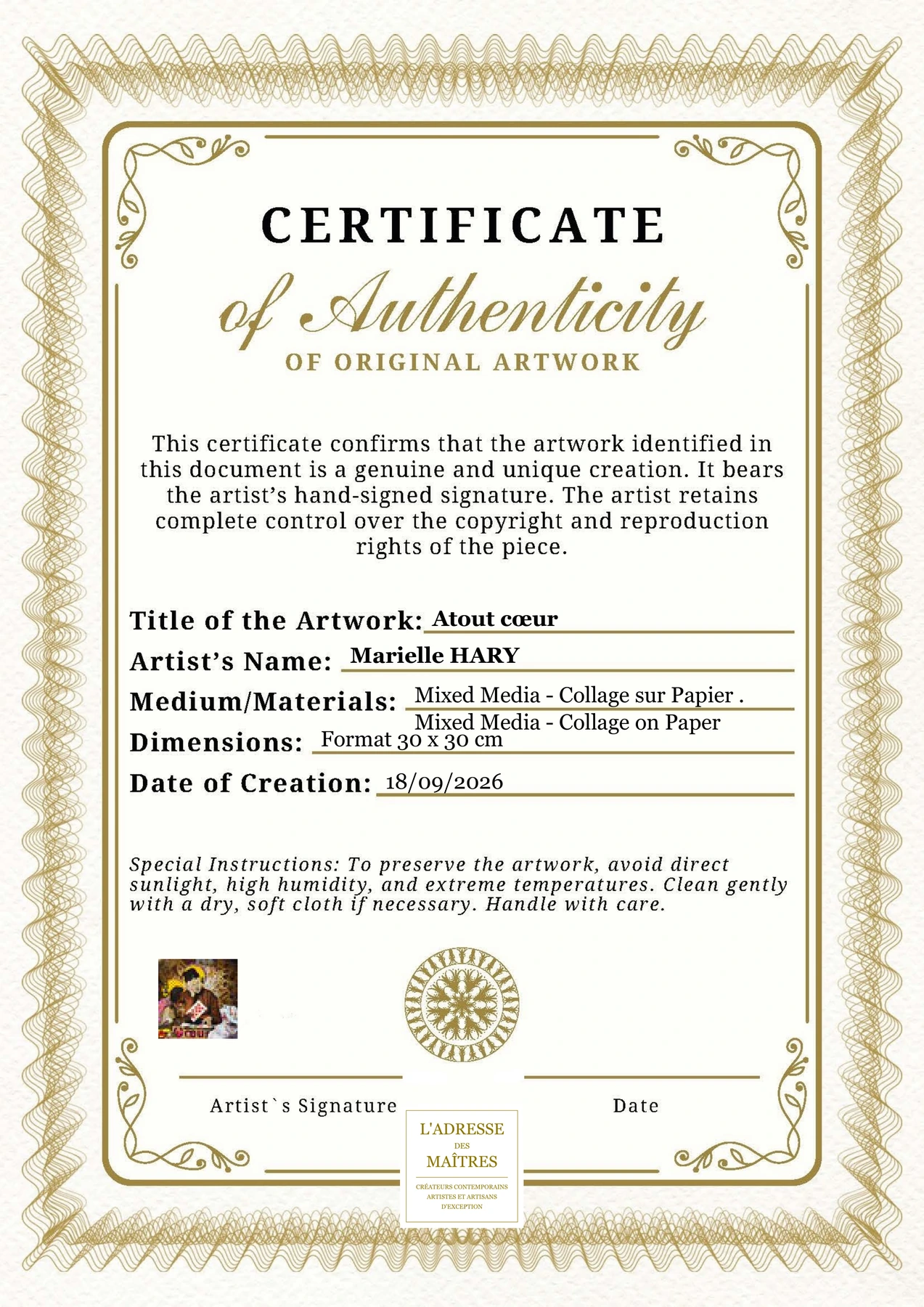 Certificat d'authenticité - Atout cœur - Marielle HARY