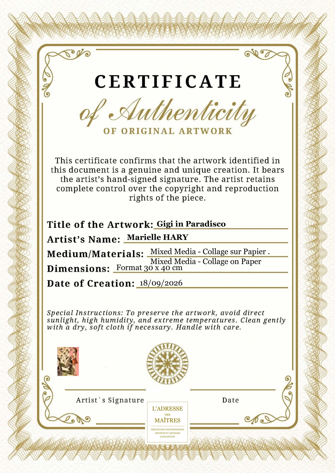 Certificat d'authenticité - Gigi in Paradisco - Marielle HARY