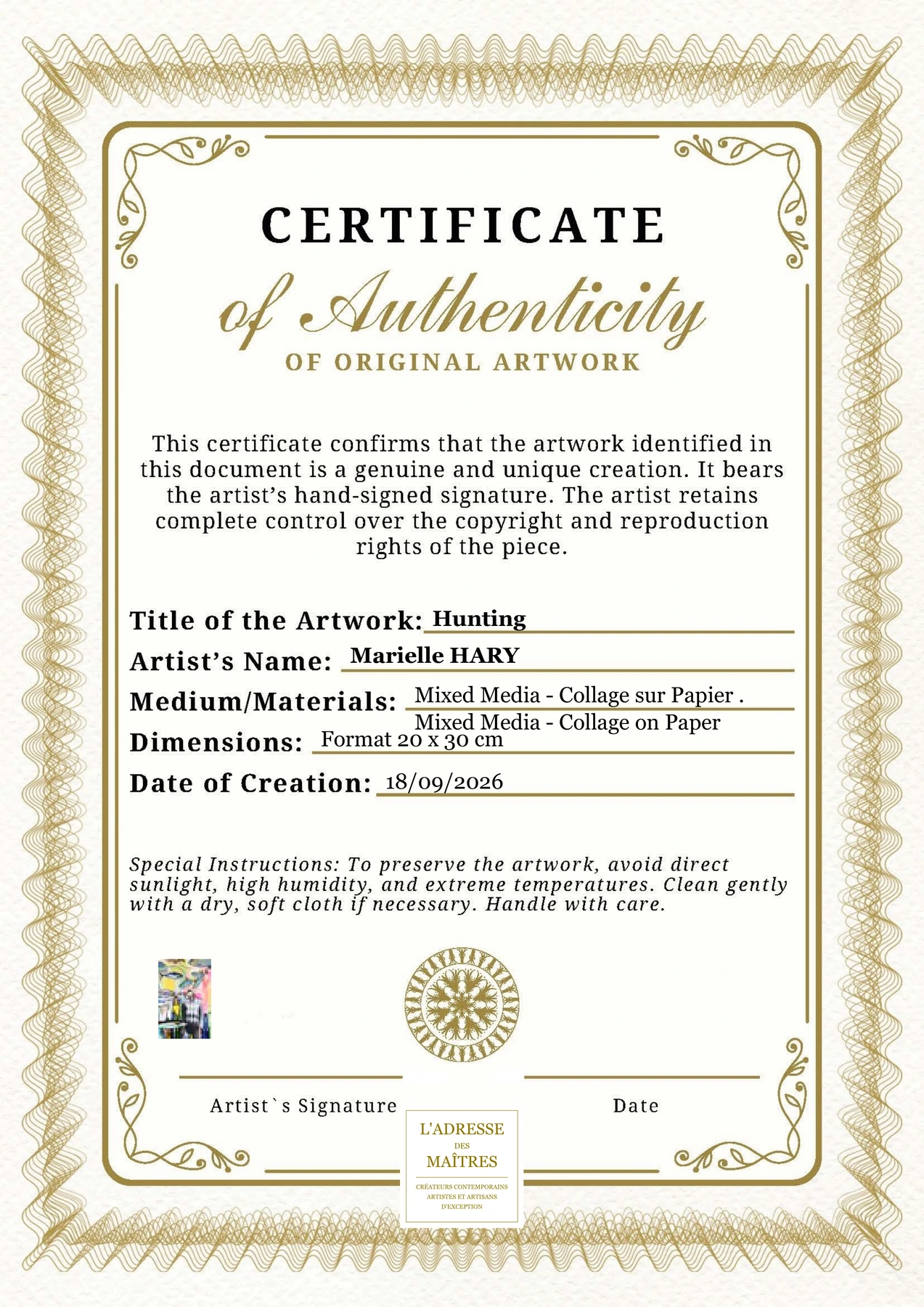Certificat d'authenticité - Hunting - Marielle HARY