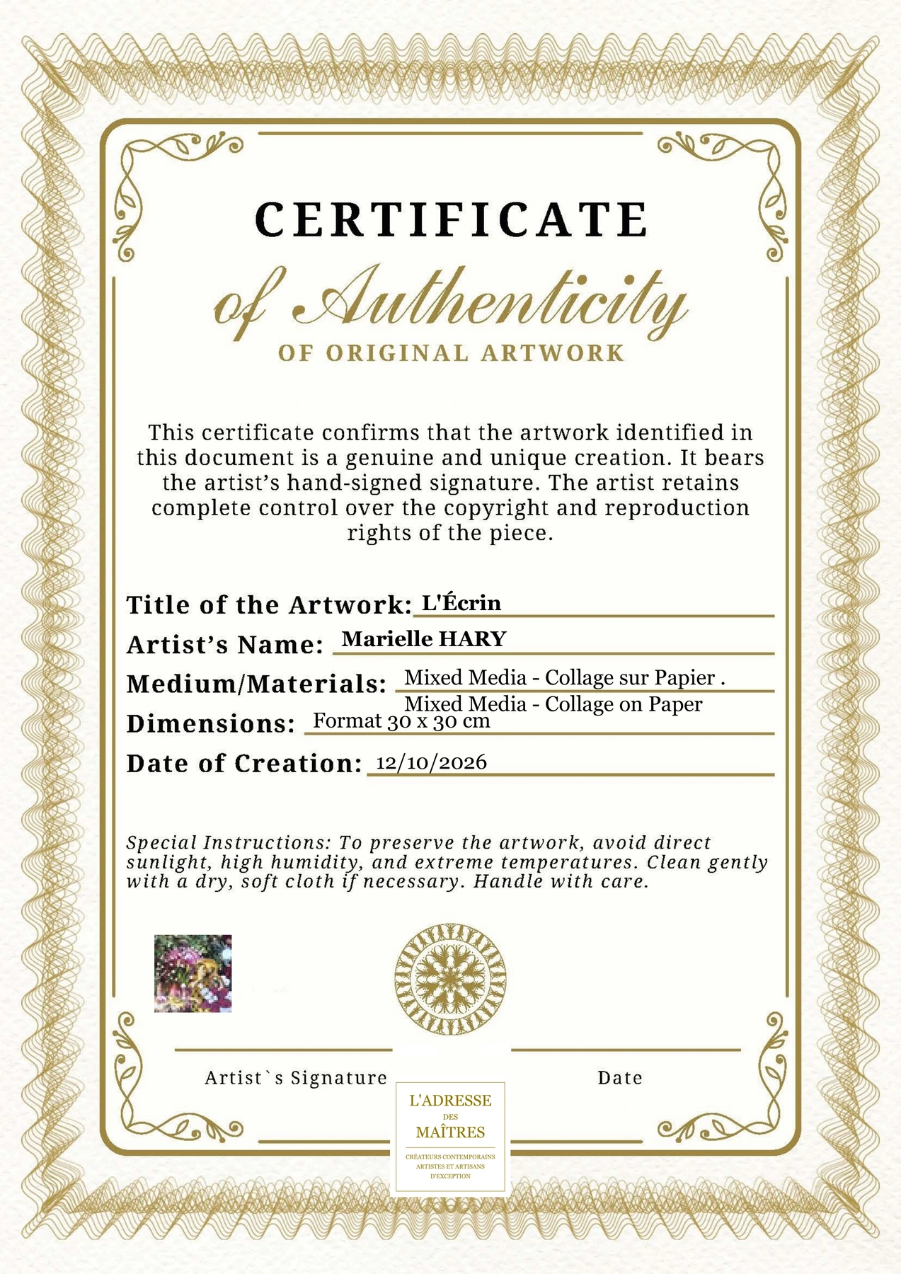 Certificat d'authenticité - L'Écrin - Marielle HARY