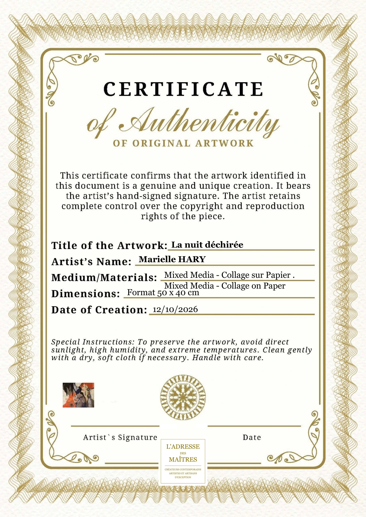 Certificat d'authenticité - La nuit déchirée - Marielle HARY